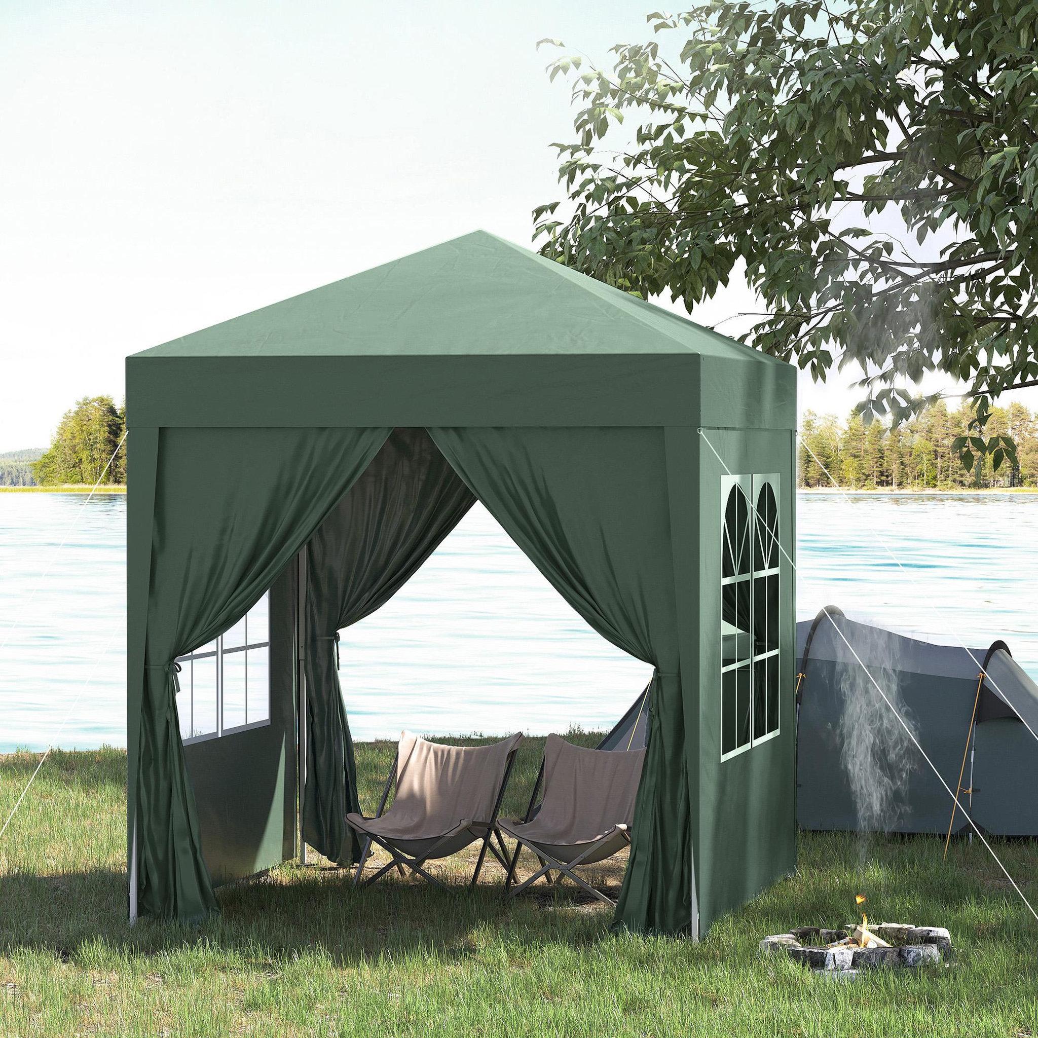 Voir la diapositive 2 : OUTSUNNY Tonnelle de jardin tente pliante barnum pop-up 2 x 2 m 4 parois latérales amovibles 2 fenêtres sac de transport vert