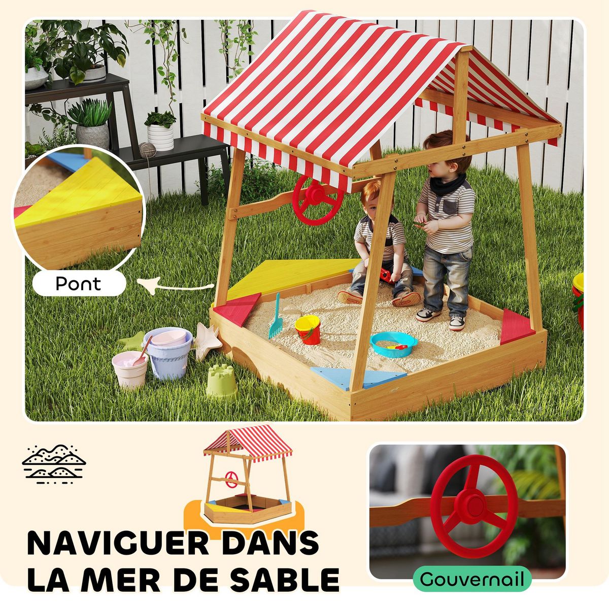HOMCOM Bac à sable en bois design bateau enfant - sièges, store double pente, gouvernail - bois pré-huilé