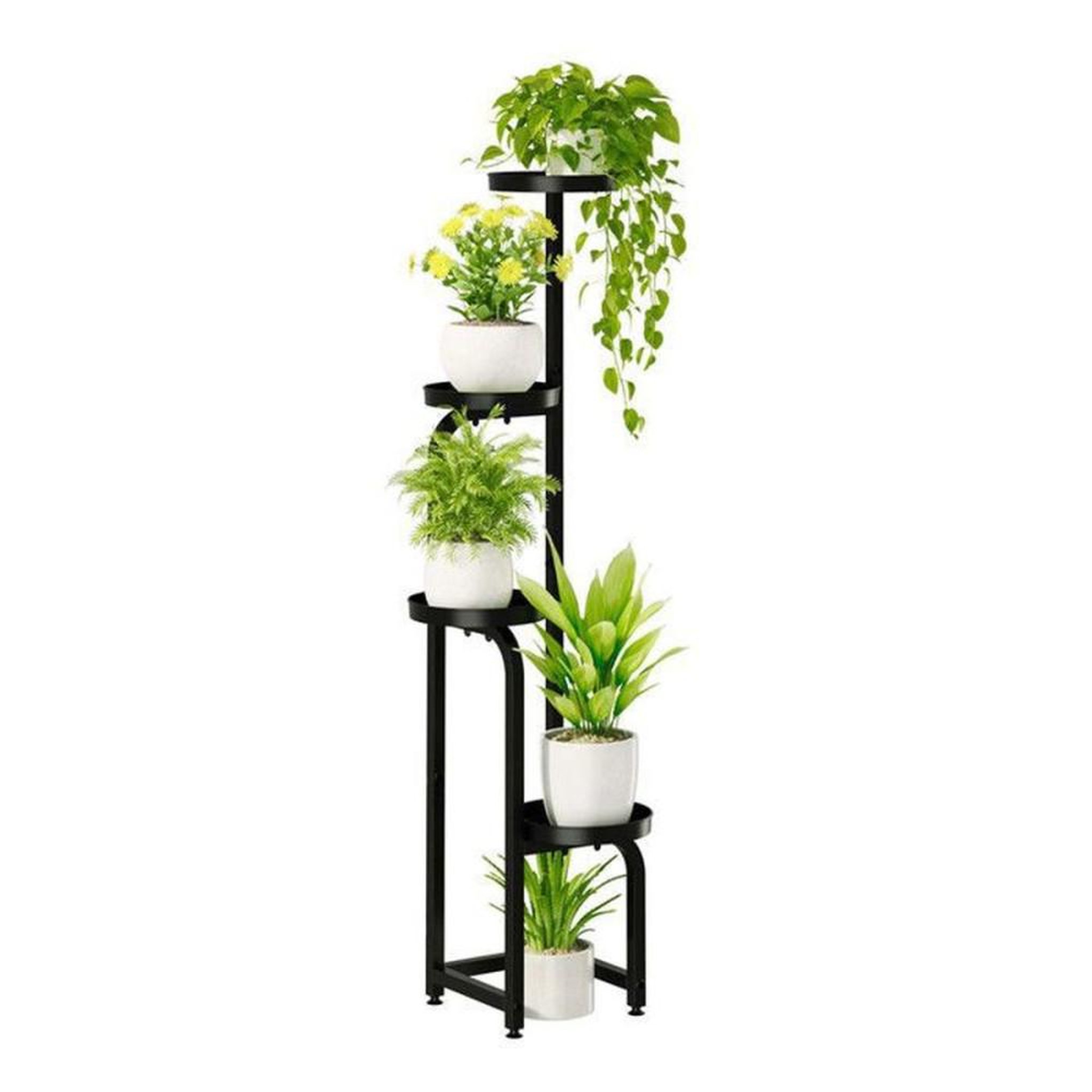 Porte plante spirale 4 niveaux noir en métal, plateaux perforés de drainage, pieds réglables, hauteur 116,8 cm
