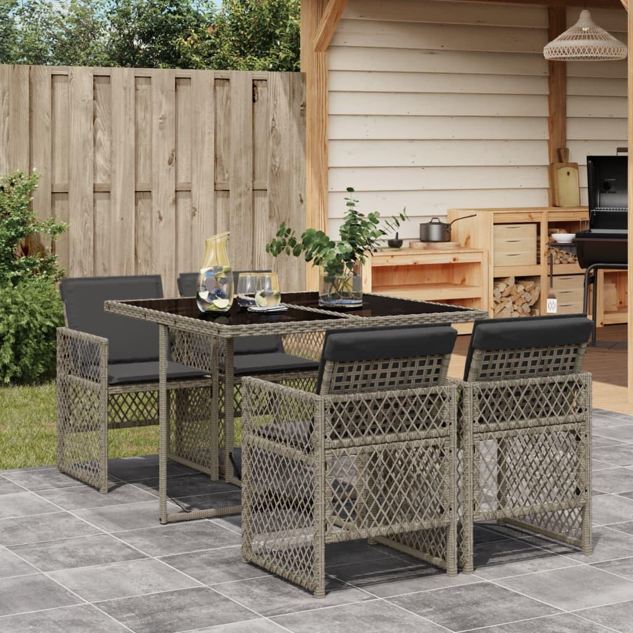 VIDAXL Ensemble a manger de jardin 5 pcs coussins gris resine tressee