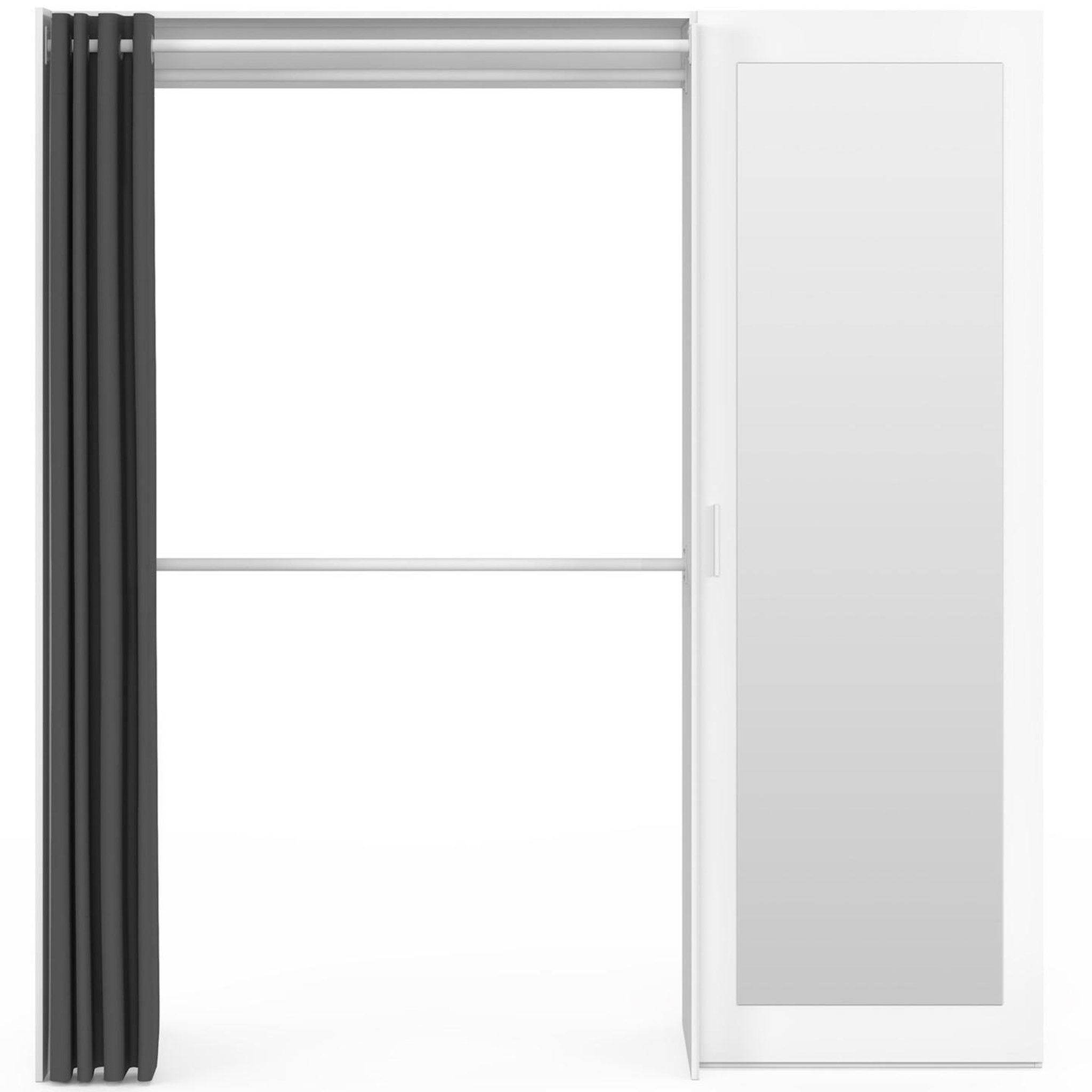 Voir la diapositive 3 : ID MARKET Dressing extensible marty 120/170 x 50 x 180 cm blanc avec étagères + double penderie + miroir + rideau gris