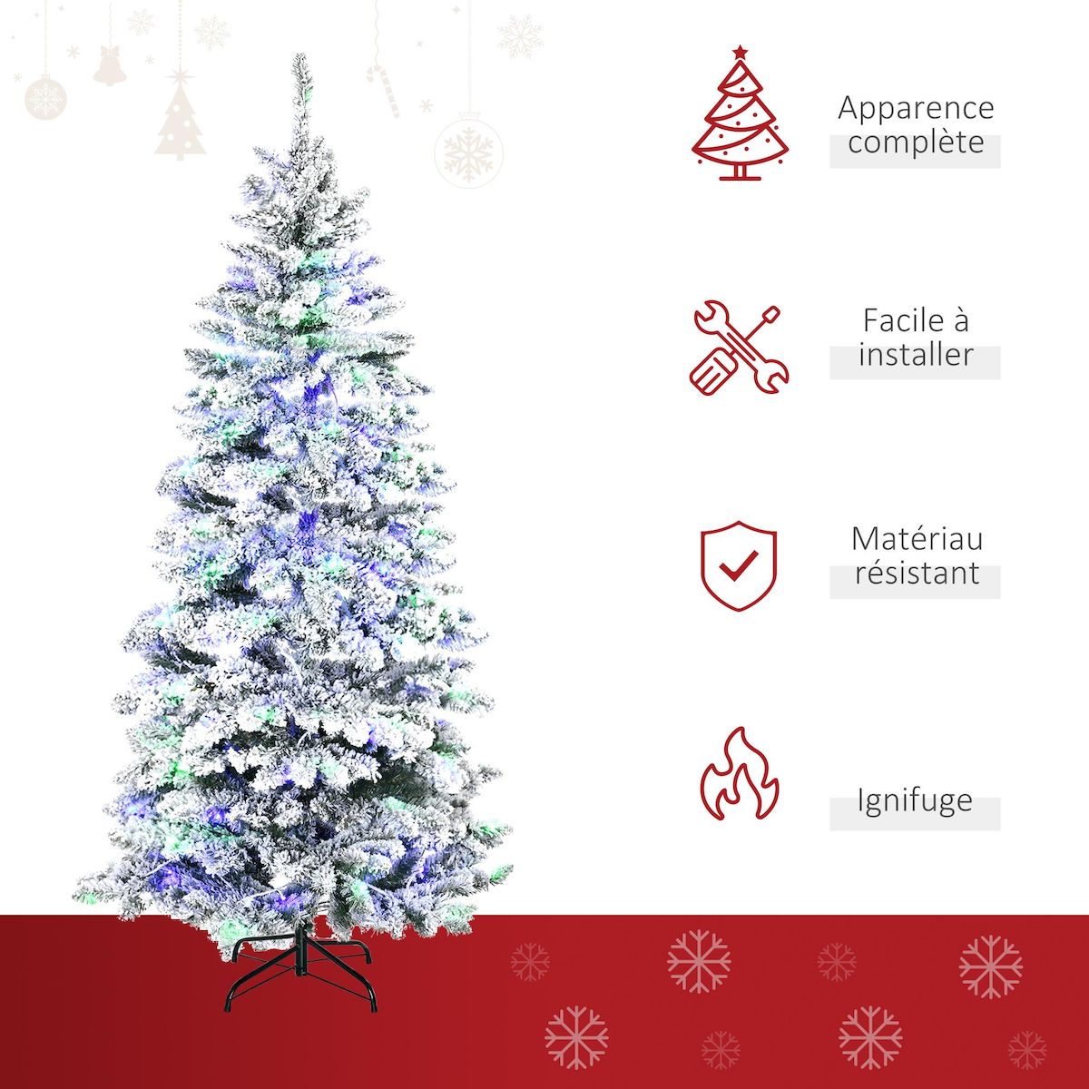 HOMCOM Sapin de Noël artificiel enneigé lumineux LED x 250 multicolore Ø 112 x 210H cm 829 branches vert blanc