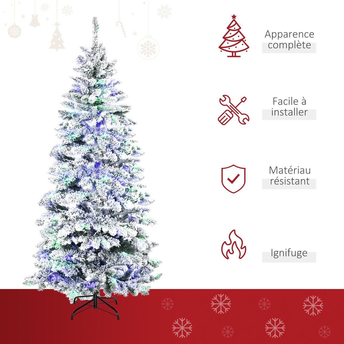 HOMCOM Sapin de Noël artificiel enneigé lumineux LED x 250 multicolore Ø 112 x 210H cm 829 branches vert blanc