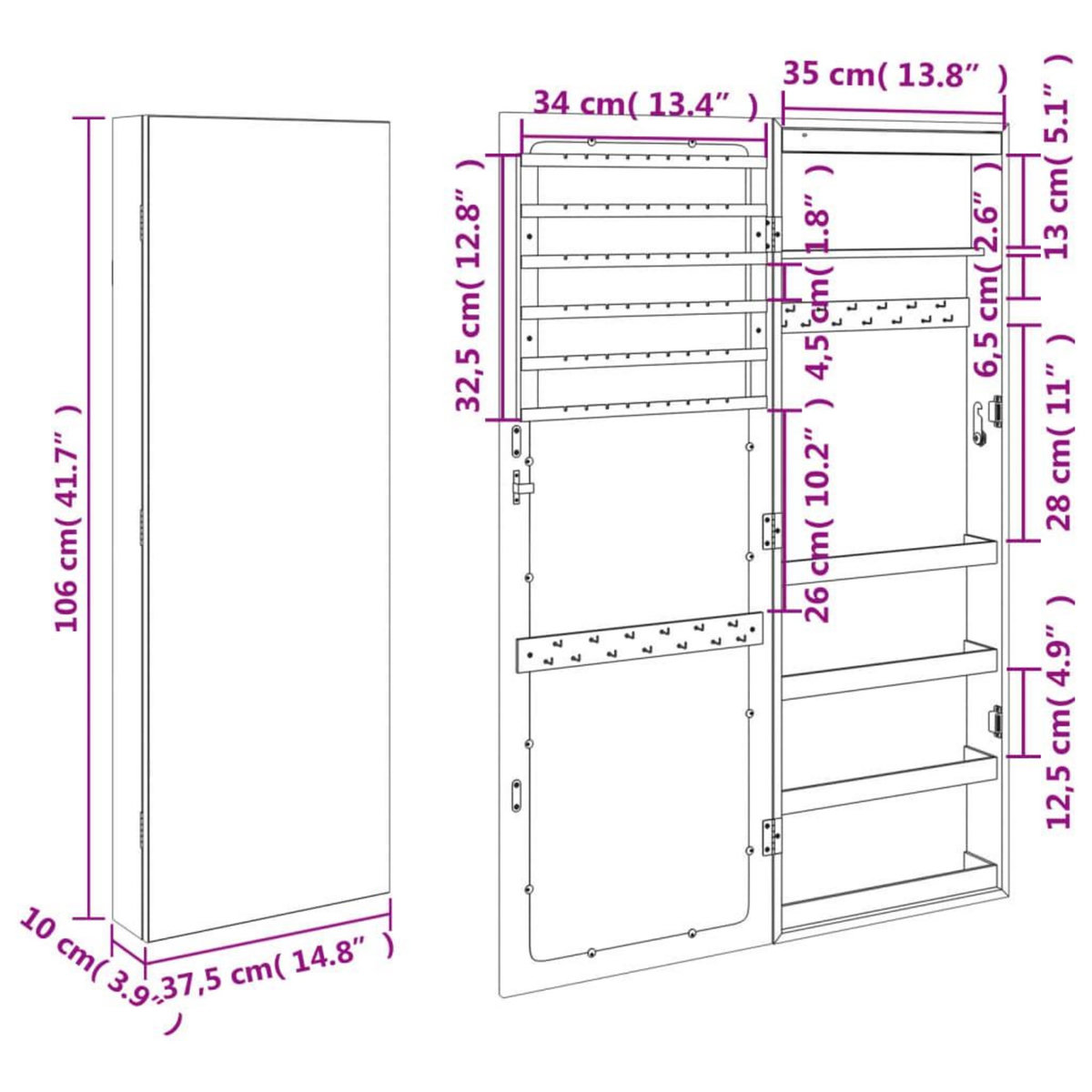 VIDAXL Armoire a bijoux avec miroir et eclairage LED mural noir