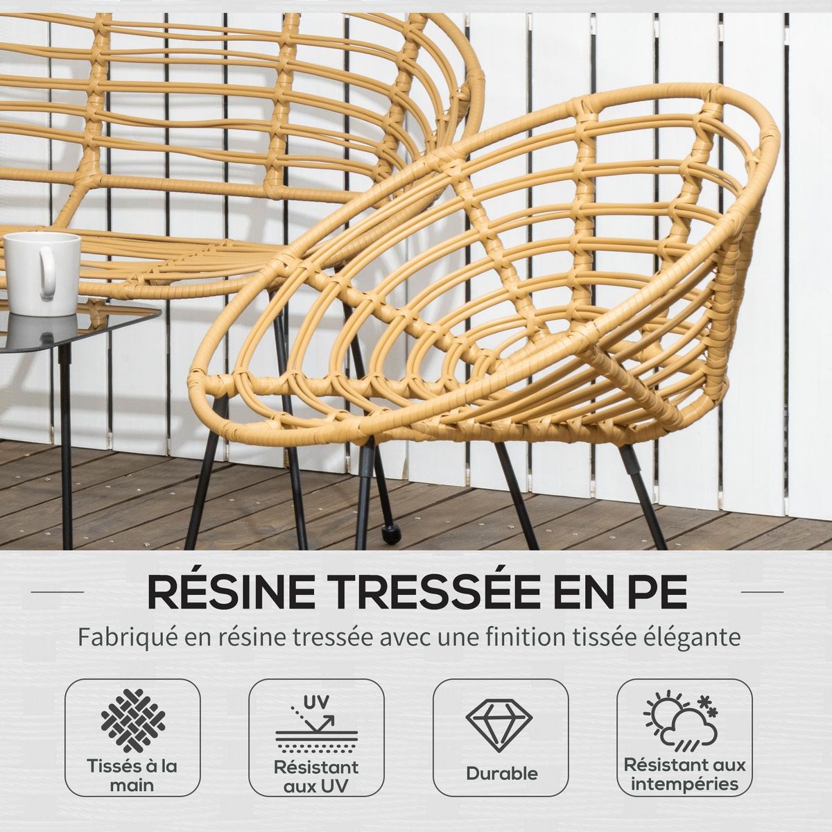 OUTSUNNY Salon de jardin 4 places 4 pièces style exotique table basse coussins noirs fournis résine tressée aspect rotin