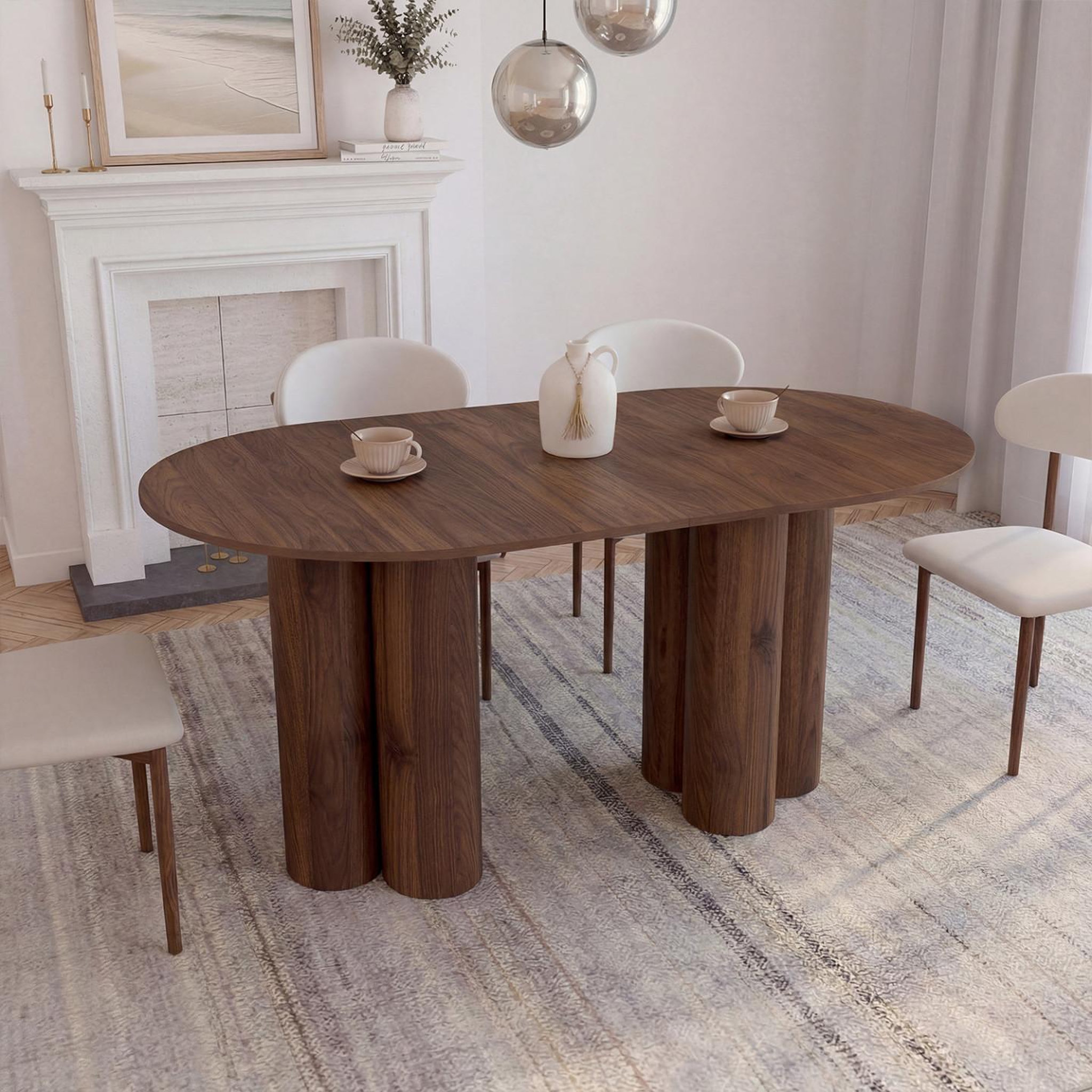 Voir la diapositive 4 : ID MARKET Table à manger extensible ovale eloise 6-10 personnes 2 pieds cylindriques noyer 160-200 cm