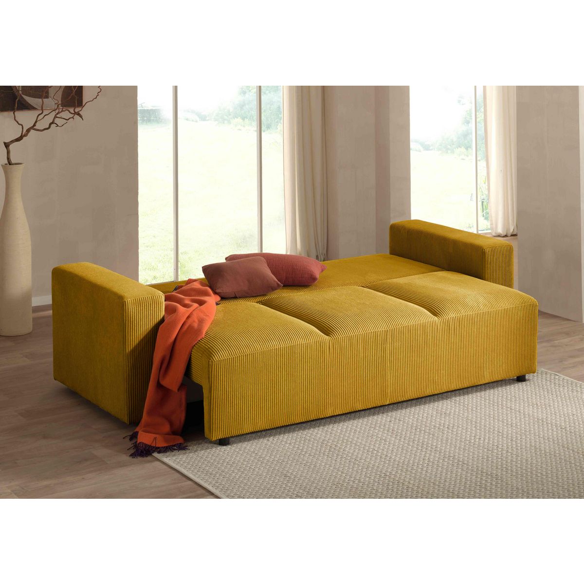 LISA DESIGN Livy - canapé droit convertible - avec coffre - en velours côtelé - 3 places
