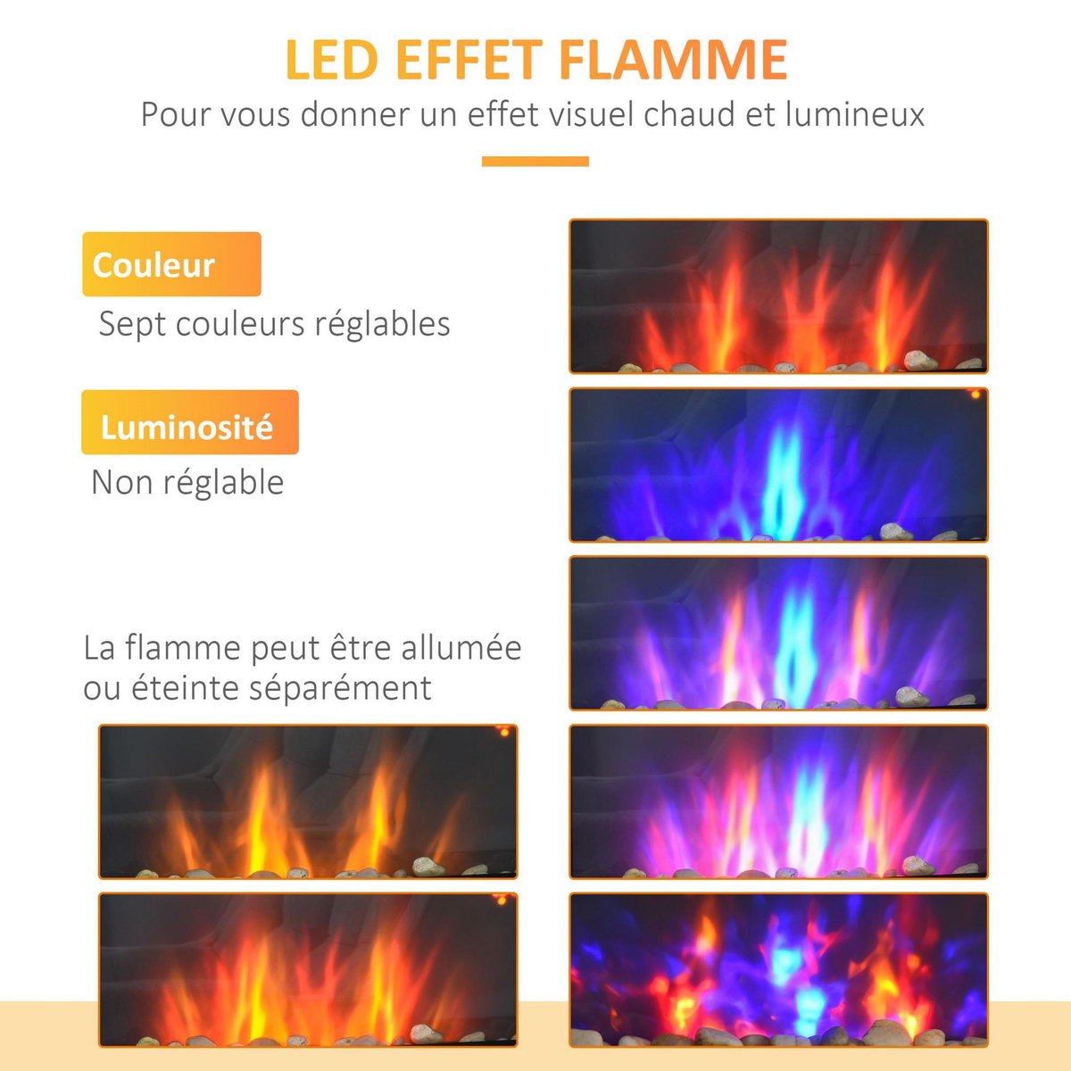 HOMCOM Cheminée électrique murale 1000/2000W effet flammes LED 7 couleurs réglables télécommande galets noir