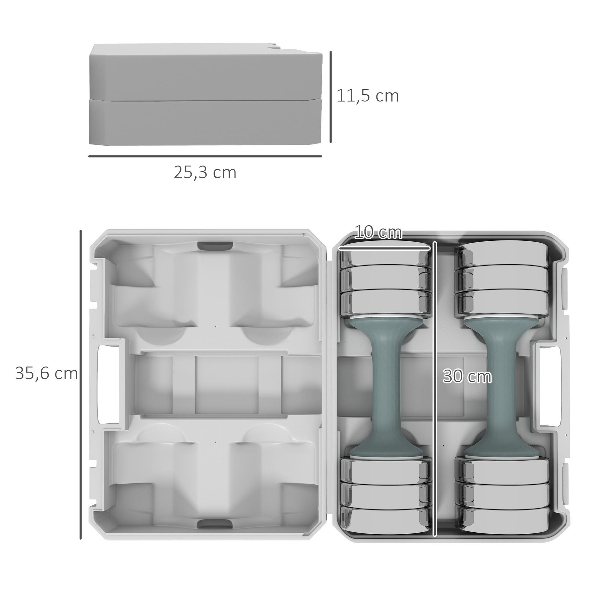 Voir la diapositive 3 : HOMCOM Ensemble de 2 haltères courtes total 20 Kg - 4 poids de 1,5 Kg avec mallette - entraînement musculaire & haltérophilie - acier PU gris