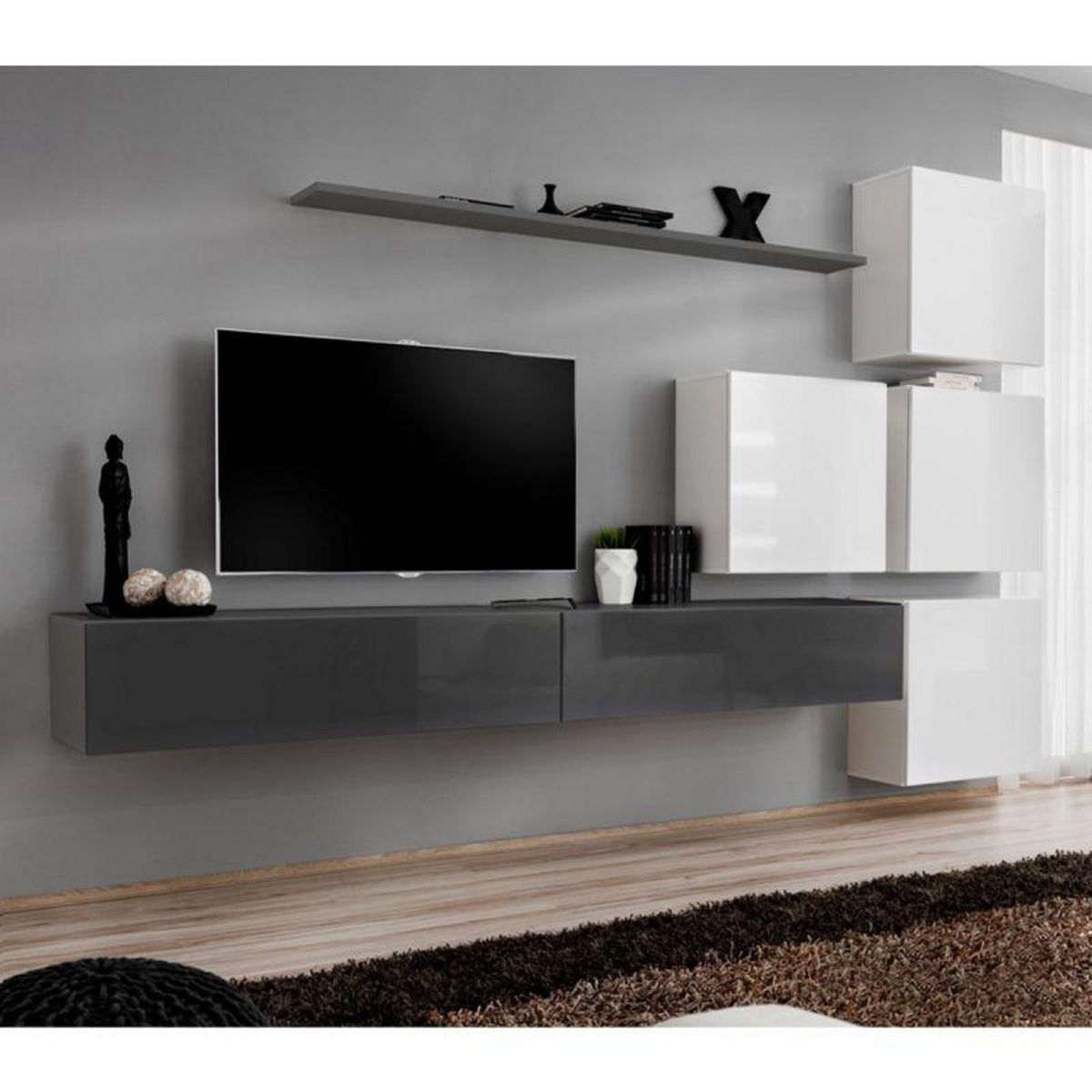 Paris Prix Meuble TV Mural Design  Switch IX  310cm Gris & Blanc