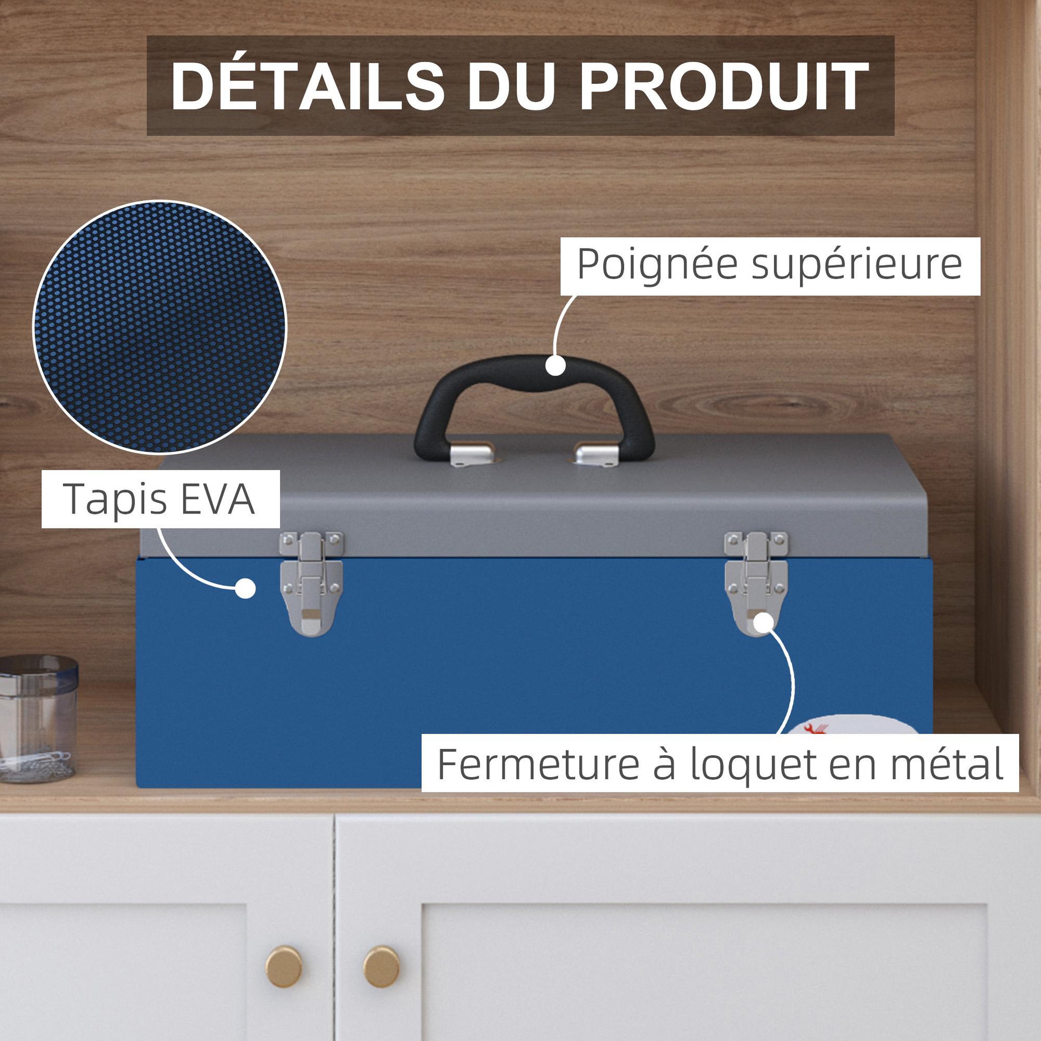 Voir la diapositive 5 : HOMCOM Boite à outils métallique - caisse à outils - verrouillable - tapis eva poignées tôle acier gris bleu