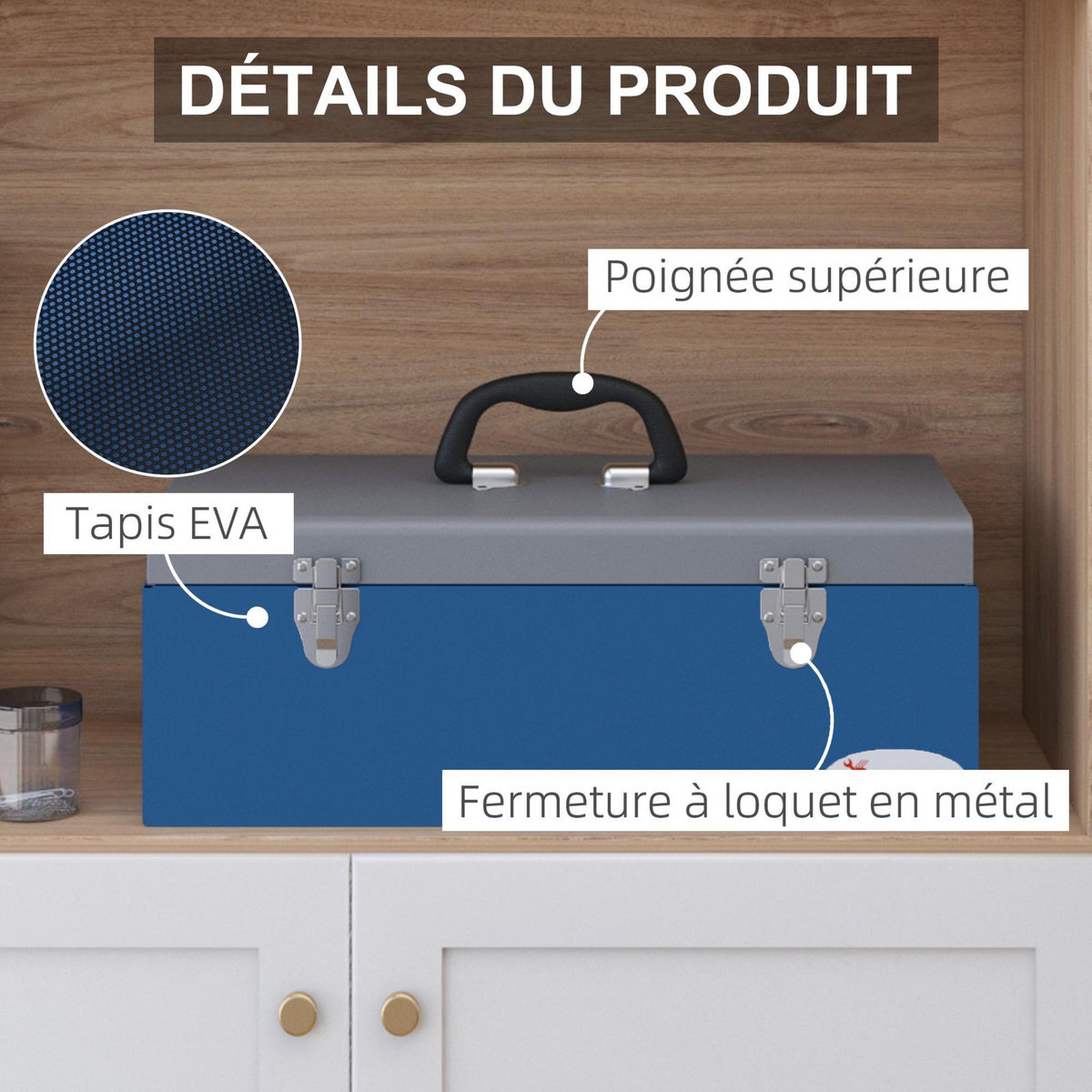 HOMCOM Boite à outils métallique - caisse à outils - verrouillable - tapis EVA poignées tôle acier gris bleu