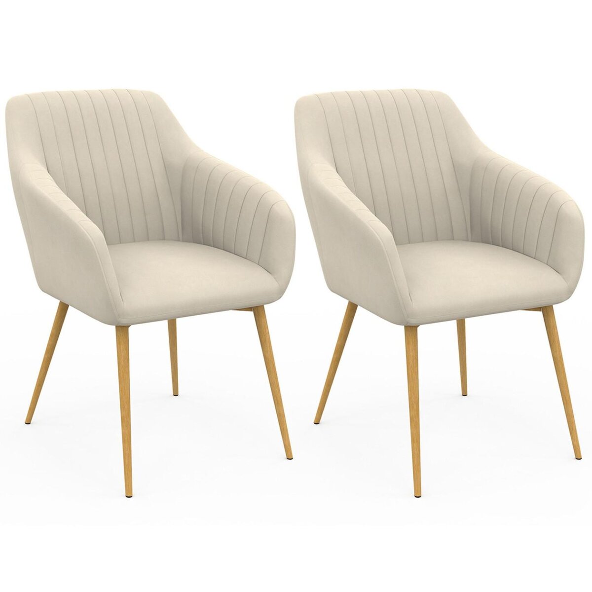 ID MARKET Lot de 2 chaises de salle à manger, fauteuils de table JANY matelassées velours beige pieds effet bois
