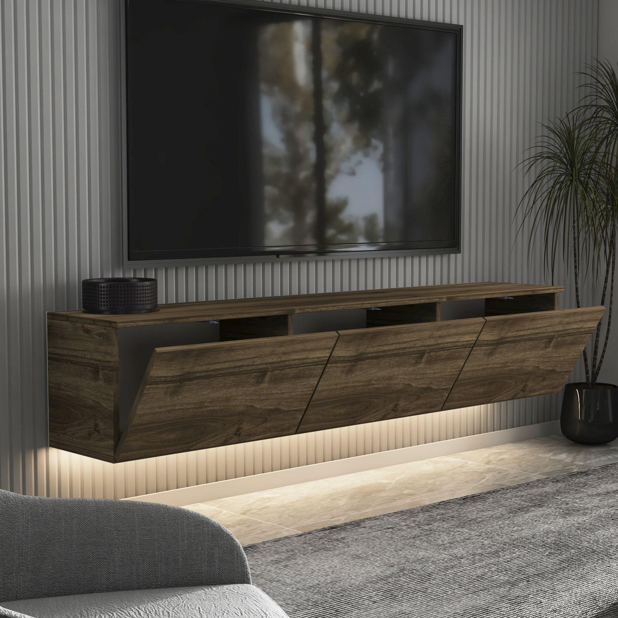 Voir la diapositive 4 : Habitat et Jardin Meuble tv suspendu en bois avec éclairage led  neon  - 160 x 32 x 35 cm - marron foncé