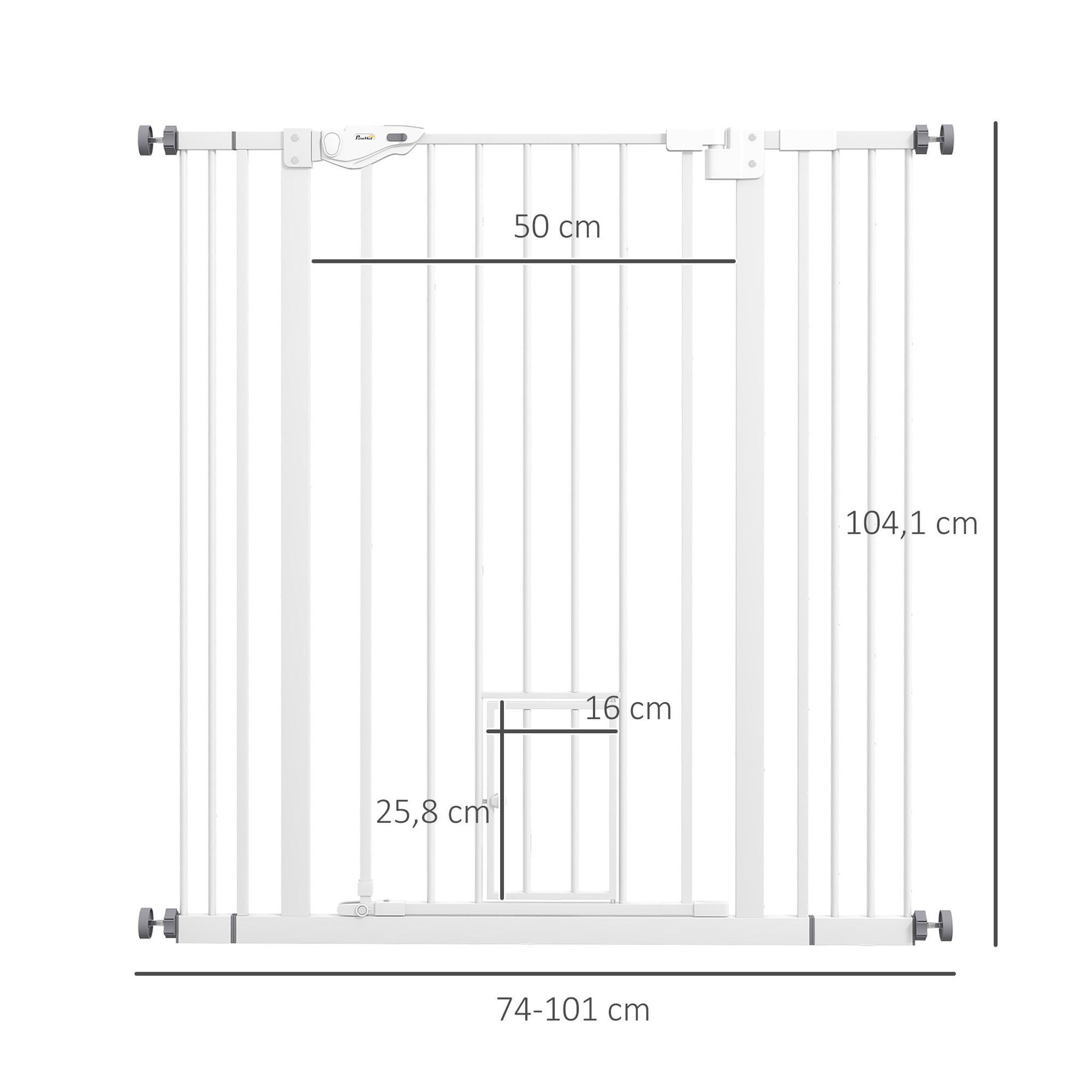 Voir la diapositive 3 : PAWHUT Barrière de sécurité chien h.104 cm - porte double verrouillage - sans perçage - acier blanc