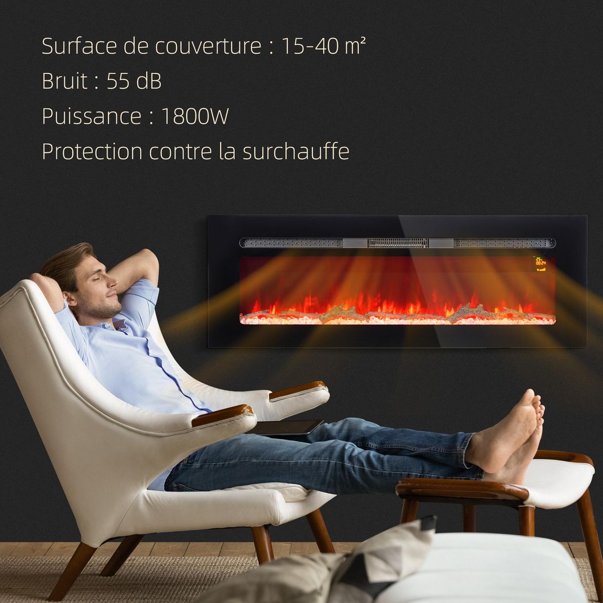 HOMCOM Cheminée électrique 1800W effets flammes LED 3D réglables - timer, thermostat, télécommande - noir