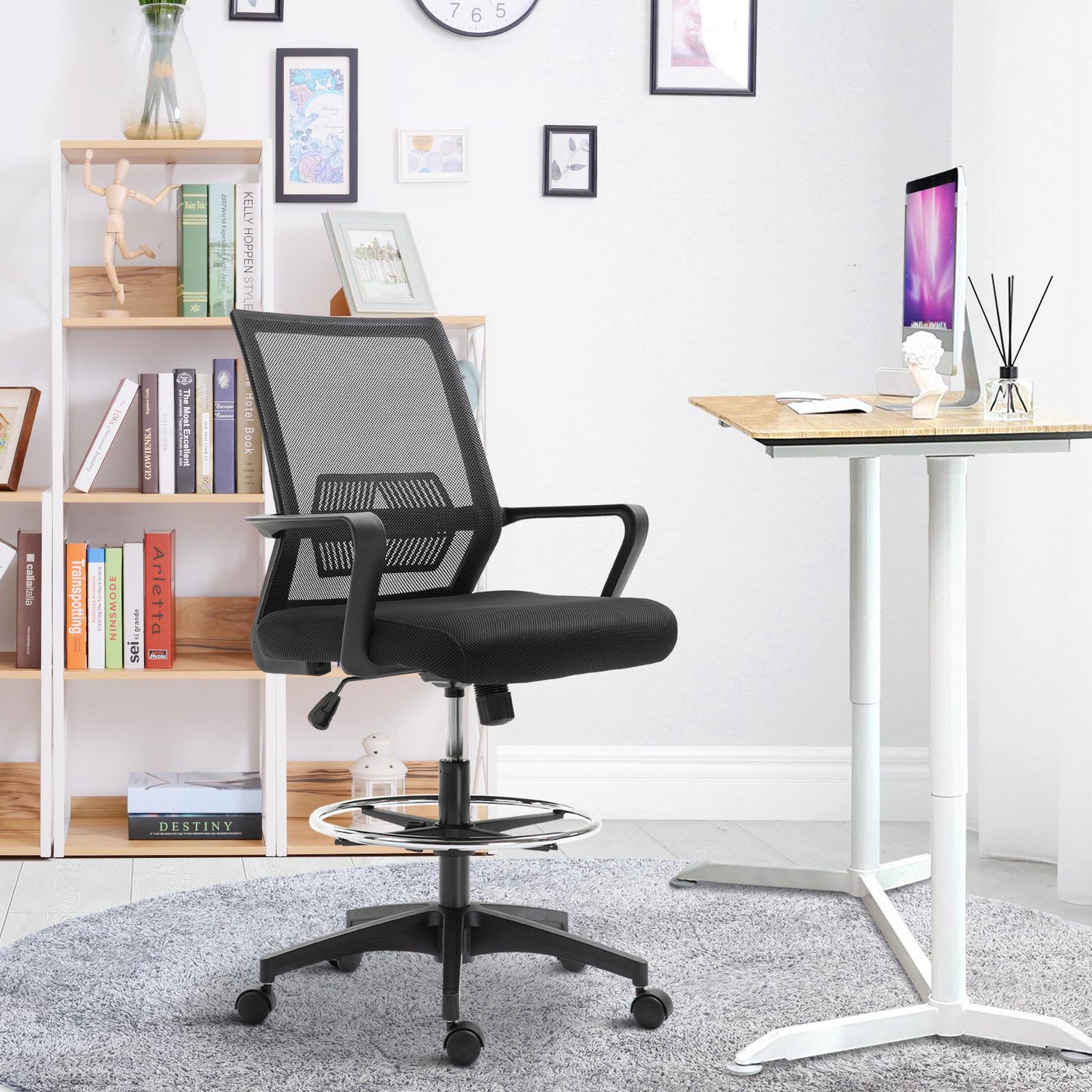 Voir la diapositive 2 : HOMCOM Fauteuil de bureau chaise de bureau assise haute réglable dim. 64L x 59l x 104-124H cm pivotant 360° maille respirante noir