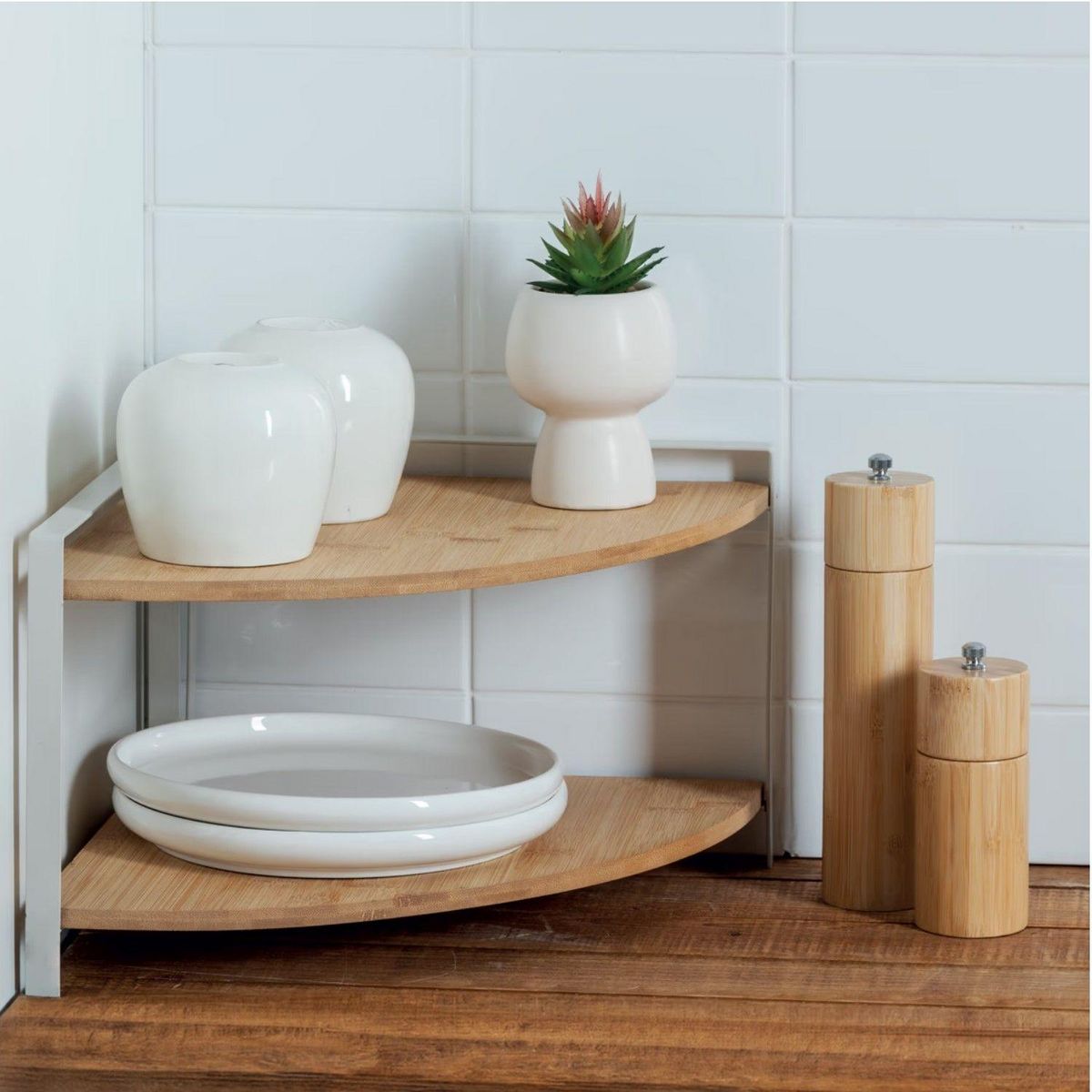 FIVE Étagère d'angle 2 niveaux en bambou et métal ORDERA