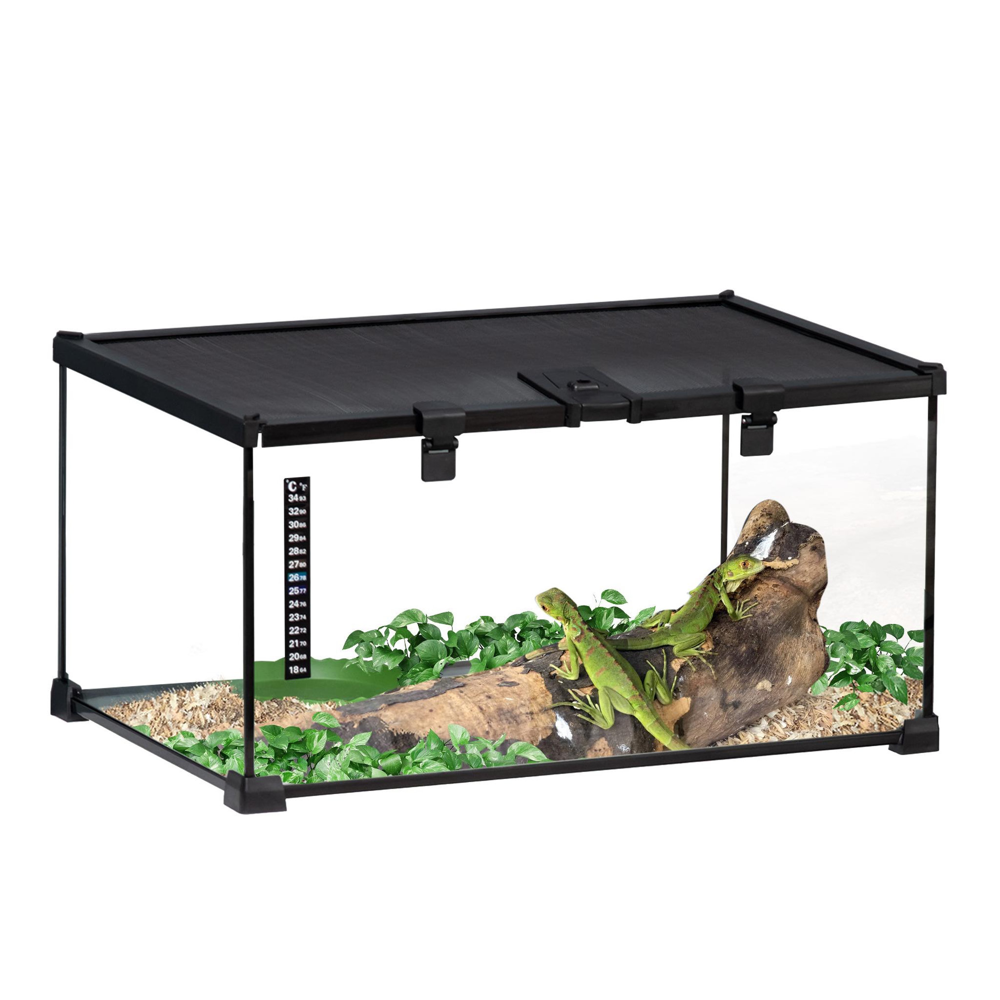 PAWHUT Terrarium en verre - vivarium reptiles & batraciens - habitat tortue - couvercle grillagé coulissant verrouillable - distributeur eau, thermomètre inclus - métal noir verre