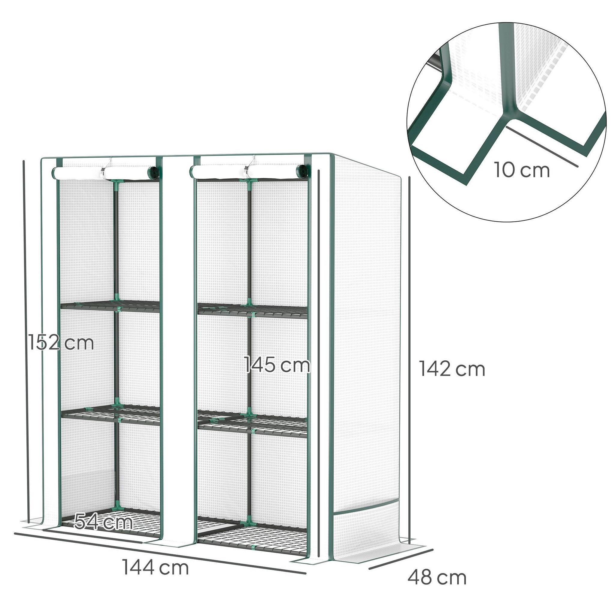 Voir la diapositive 3 : OUTSUNNY Serre de jardin balcon avec étagères métalliques 3 niveaux 2 portes acier noir pe blanc