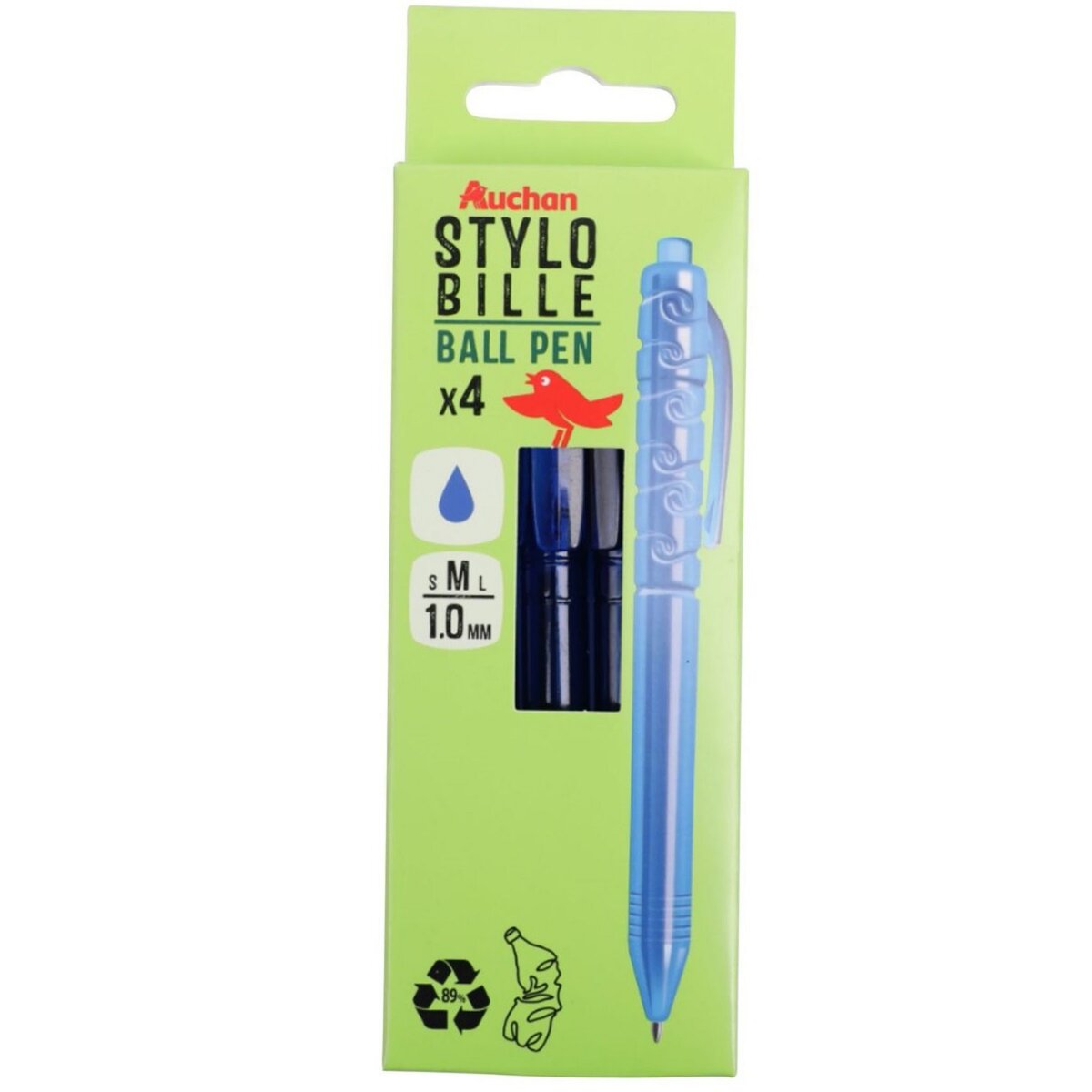 AUCHAN Lot de 4 stylos bille rétractables pointe 1mm bleu pas cher 