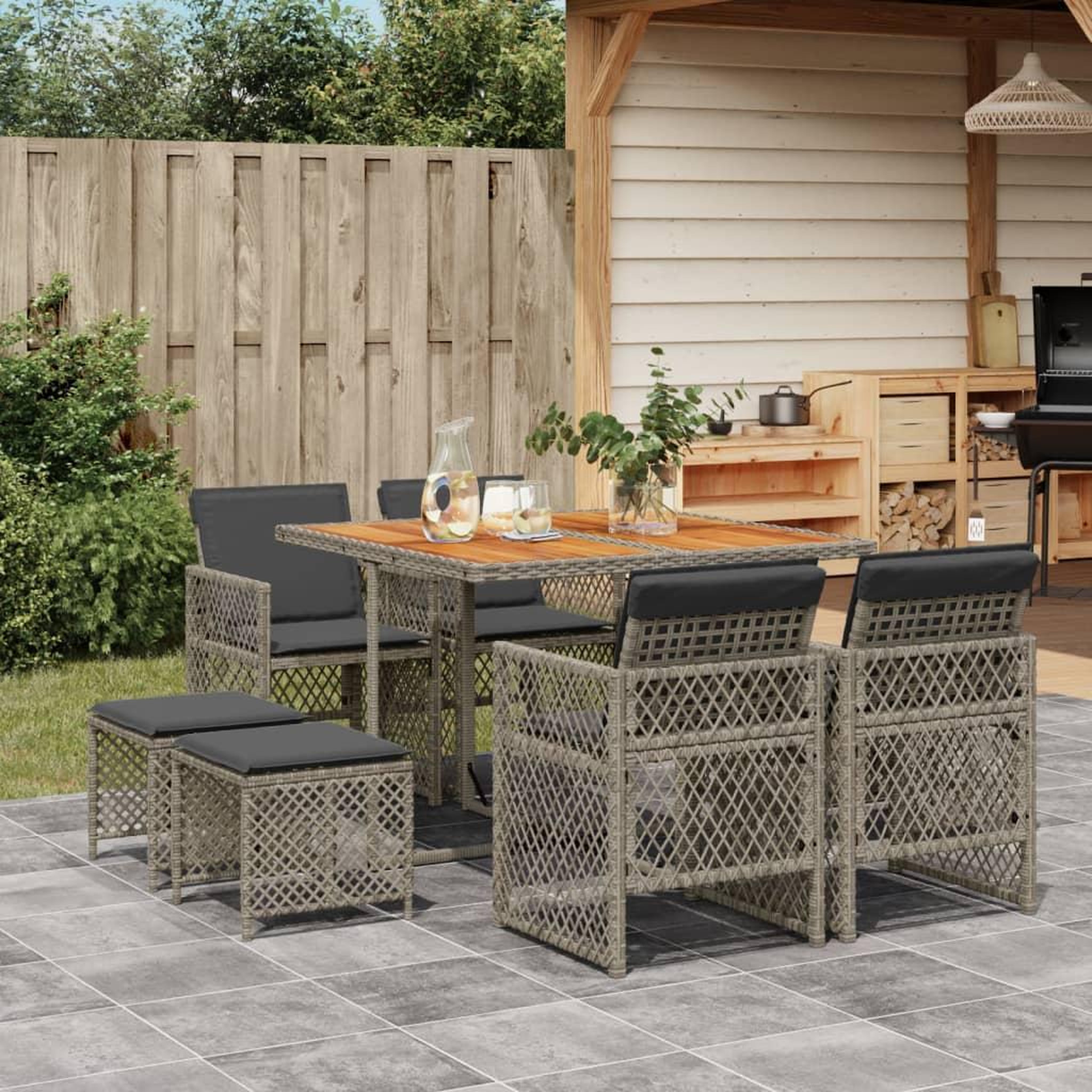 VIDAXL Ensemble a manger de jardin 9 pcs coussins gris resine tressee