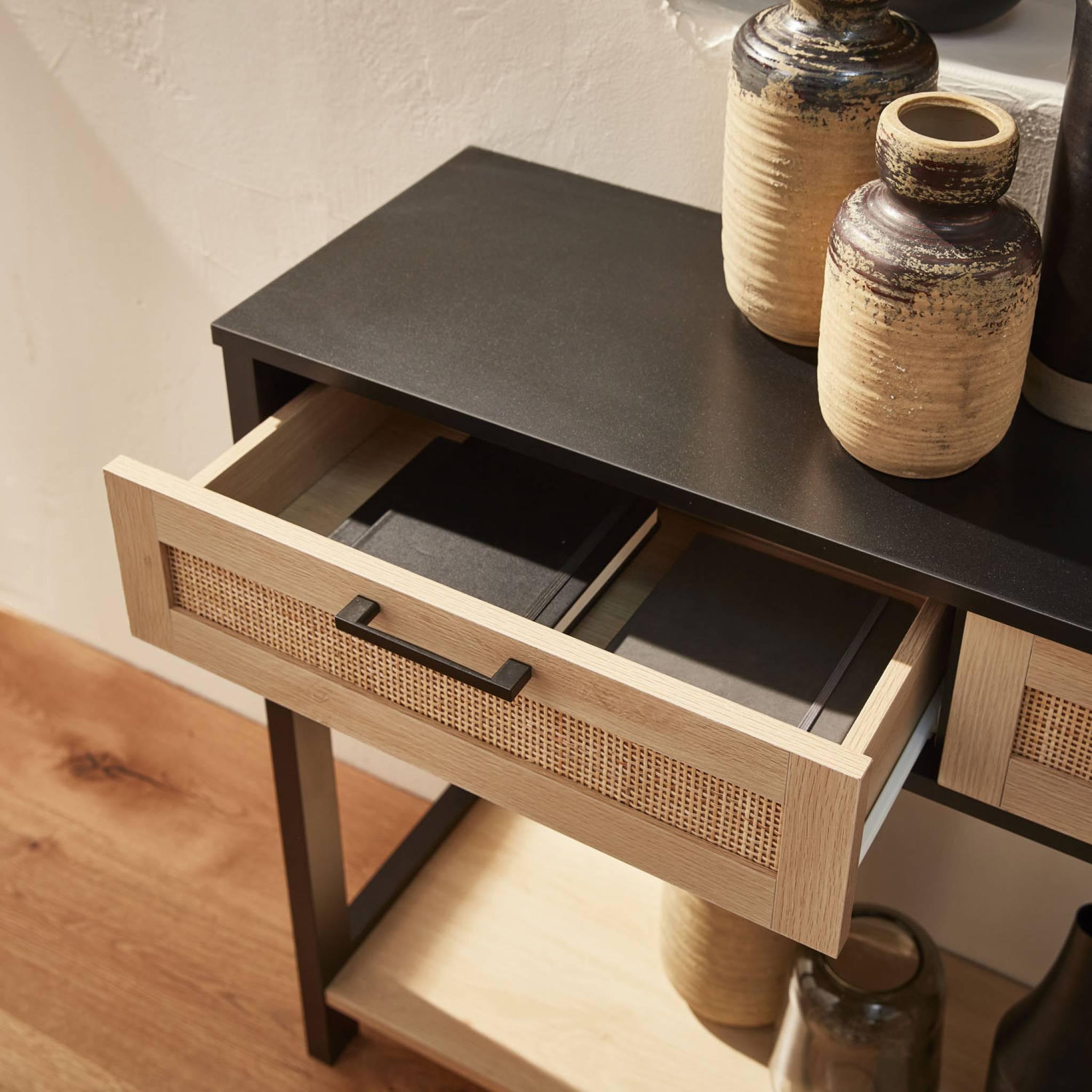 Voir la diapositive 3 : SWEEEK Console décor bois noir et cannage 100 x 30 x 75cm - Bianca - 2 tiroirs - 1 étagère