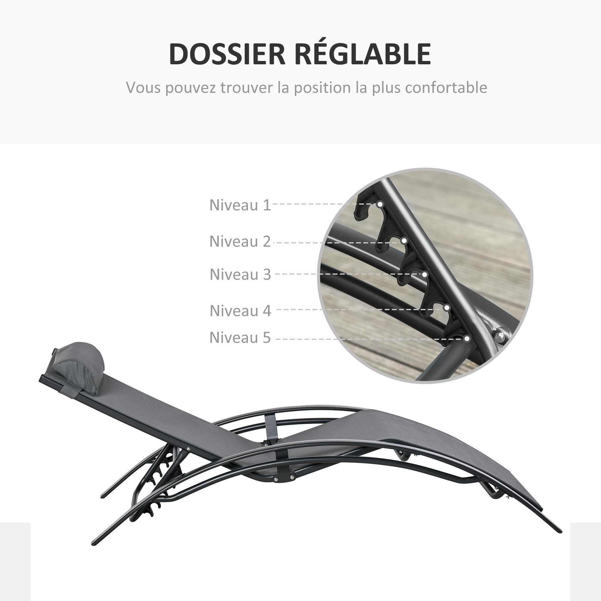 Voir la diapositive 4 : OUTSUNNY Bain de soleil transat design contemporain inclinable multi-positions tétière amovible incluse alu textilène gris