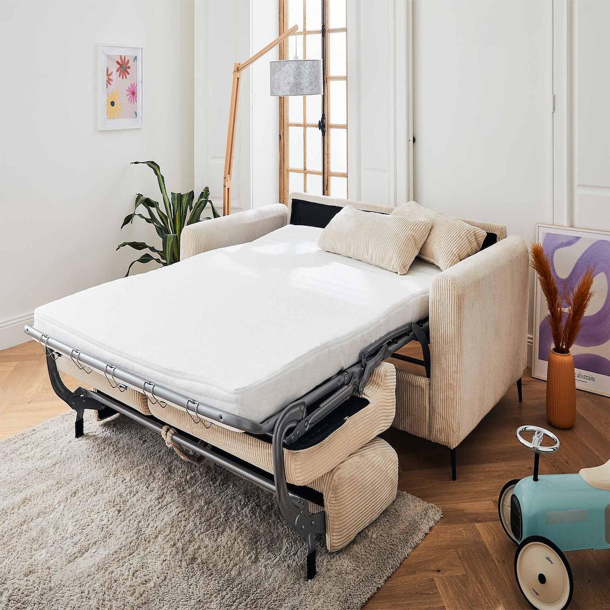 LISA DESIGN Owen - canapé 3 places convertible express couchage quotidien 140 cm matelas 12 cm en velours côtelé