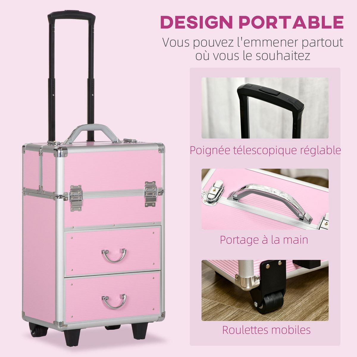 HOMCOM Valise trolley maquillage malette cosmétique vanity poignée télescopique réglable 36L x 23l x 58H cm alu