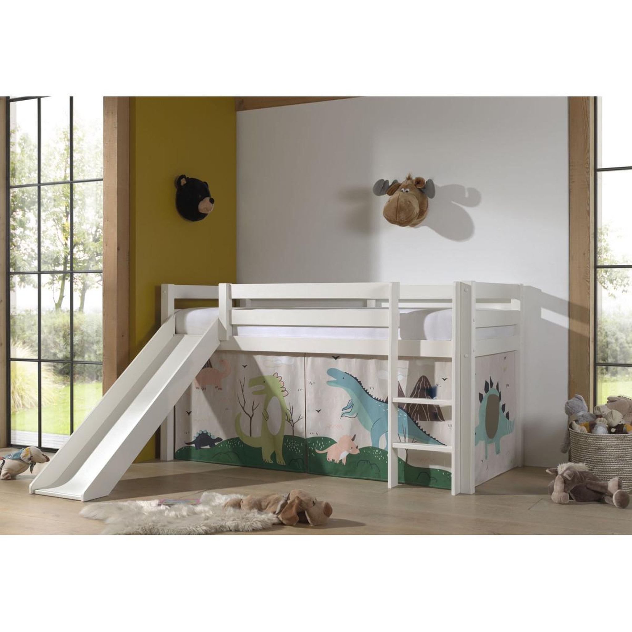 Voir la diapositive 2 : Paris Prix Lit enfant surélevé avec toboggan  pino dino  90x200cm blanc