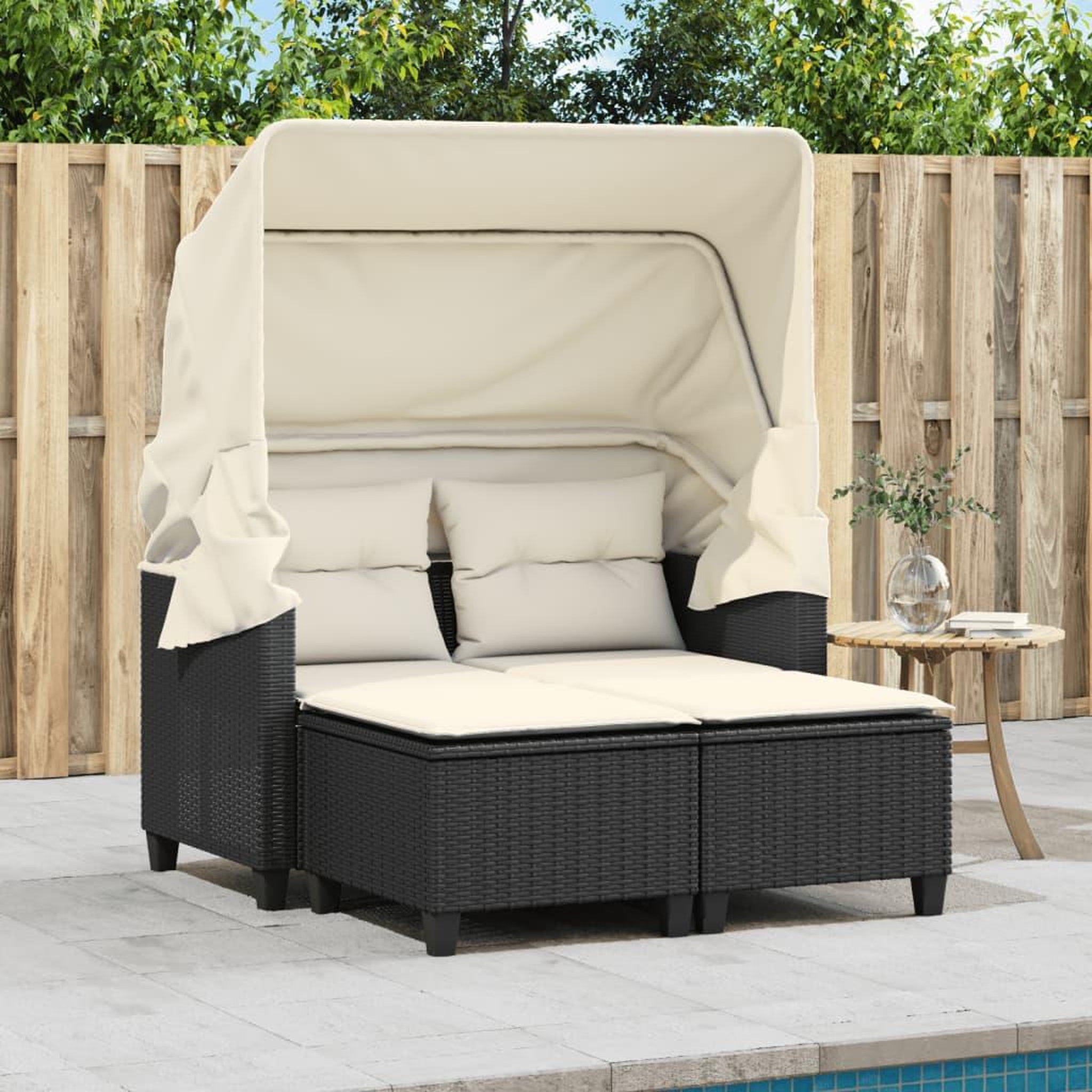 Voir la diapositive 3 : VIDAXL Canape de jardin 2 places avec auvent et tabourets noir rotin