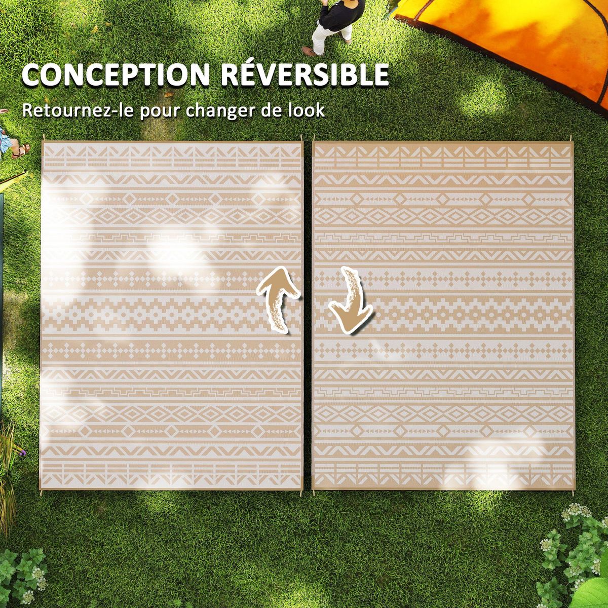 OUTSUNNY Tapis d'extérieur réversible motif graphique dim. 3,7 x 2,7 m sac transport inclus kaki beige