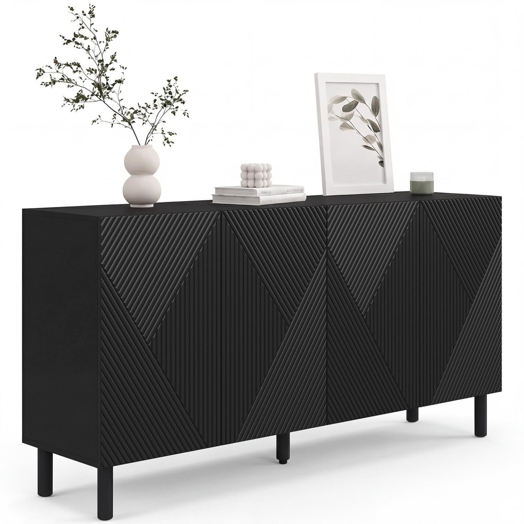 ID MARKET Buffet 160 cm himara 4 portes lattes géométriques bois noir