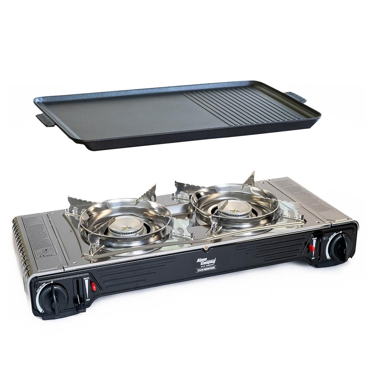 ALPENTECH Réchaud 2 feux Inox 4400W + Plaque Grill Plancha 2en1 Thermocouple Intérieur / Extérieur ALPEN CAMPING
