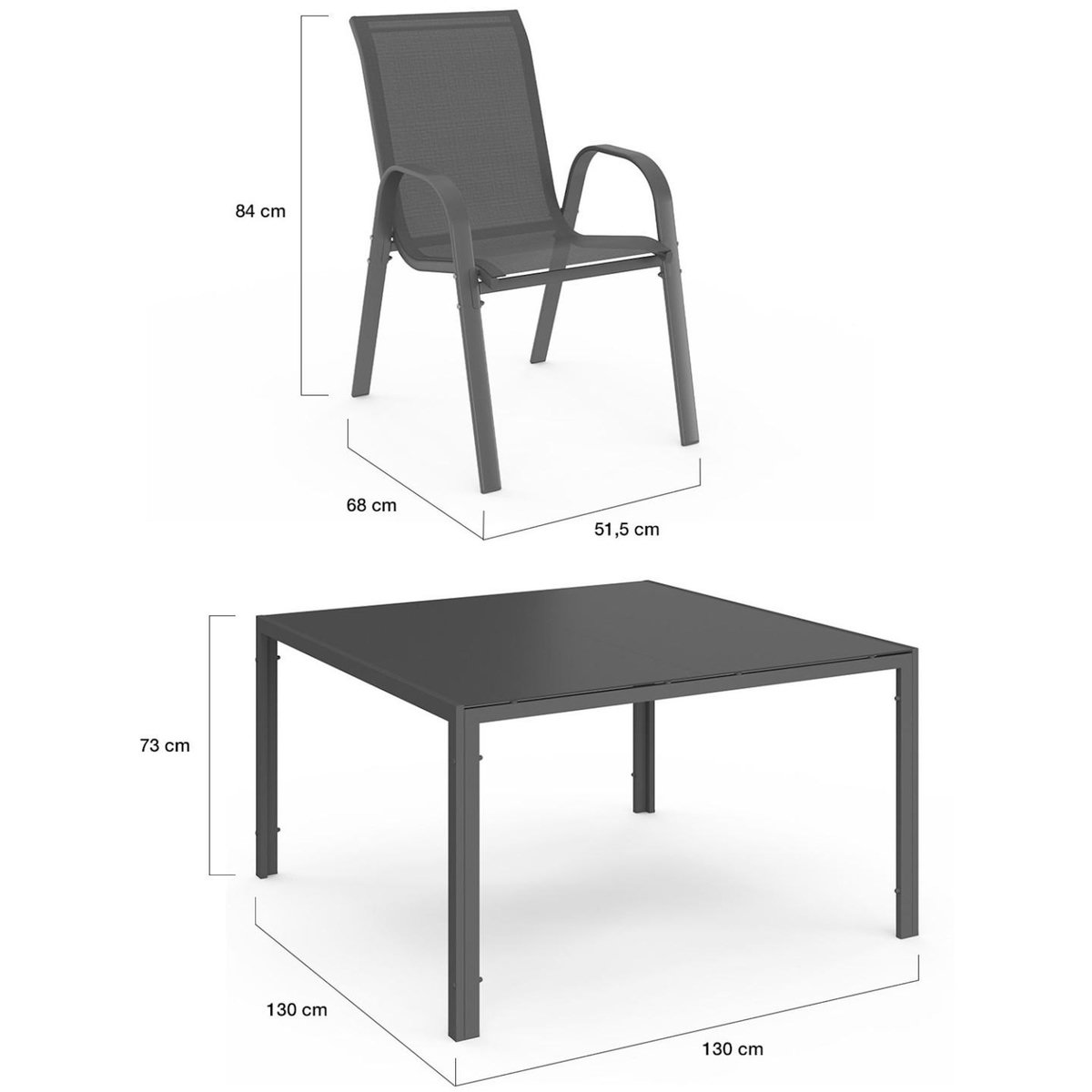 ID MARKET Salon de jardin MADRID table carrée 130 CM et 8 chaises empilables gris anthracite