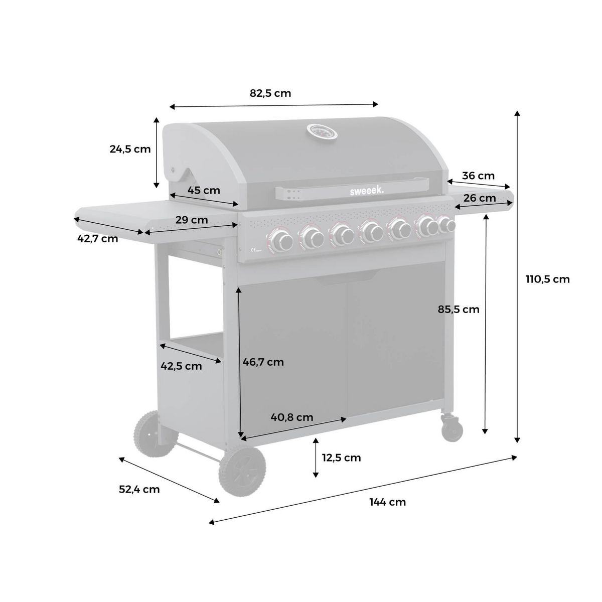 SWEEEK Barbecue au gaz Edmond noir - 6 brûleurs + 1 feu latéral. avec thermomètre. L 132x P62 x H143 cm