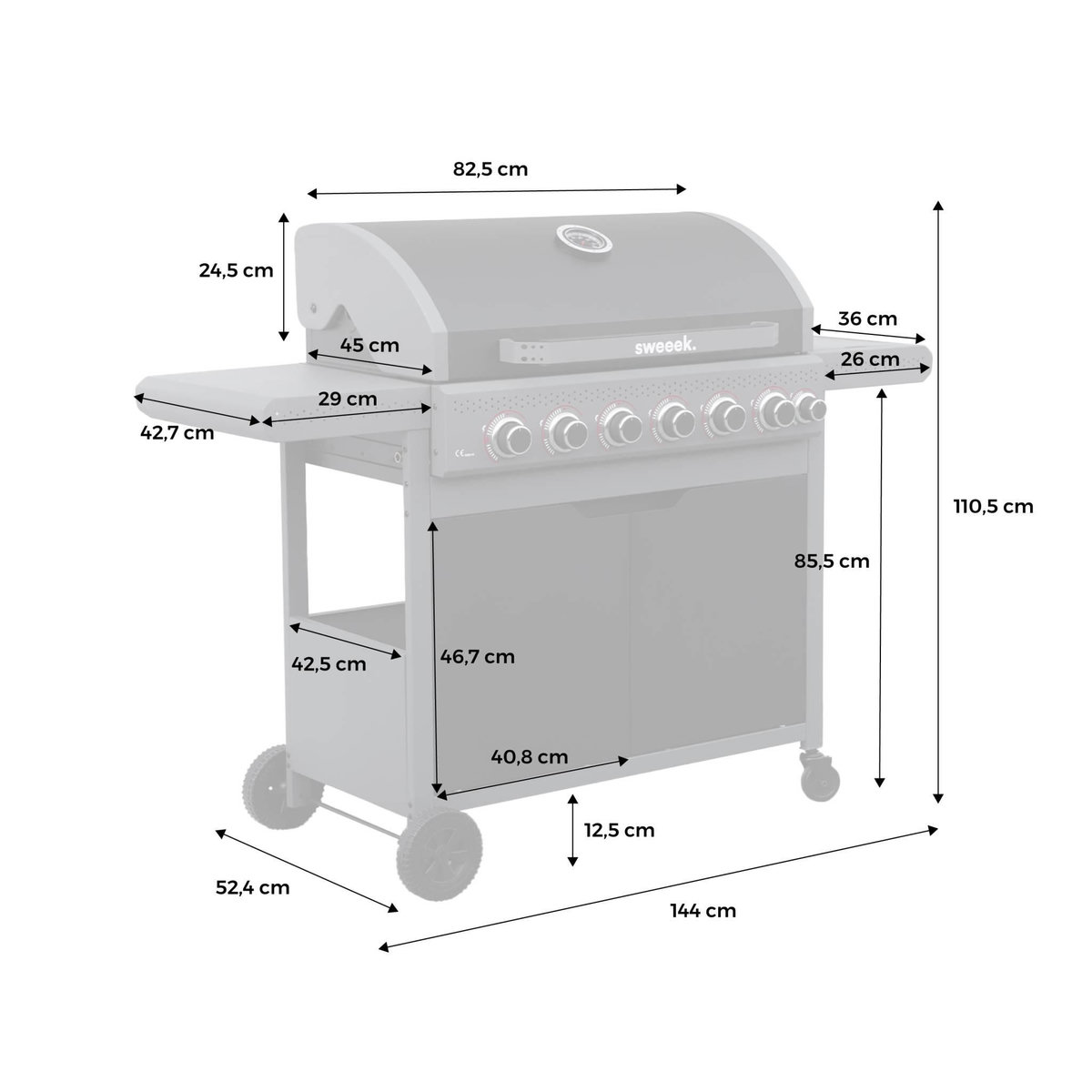 SWEEEK Barbecue au gaz Edmond noir - 6 brûleurs + 1 feu latéral. avec thermomètre. L 132x P62 x H143 cm