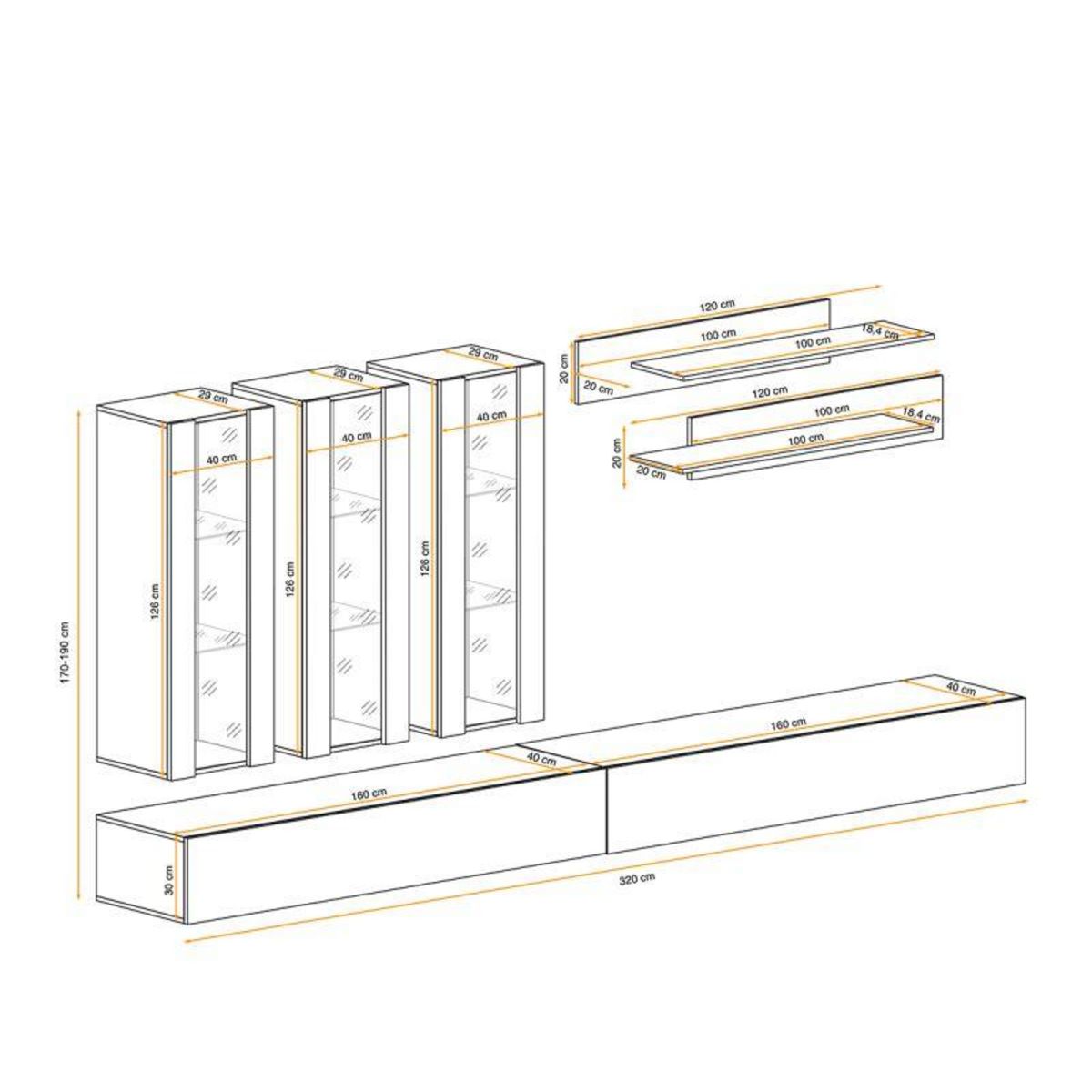 Paris Prix Meuble TV Mural Design  Fly II  320cm Noir & Blanc