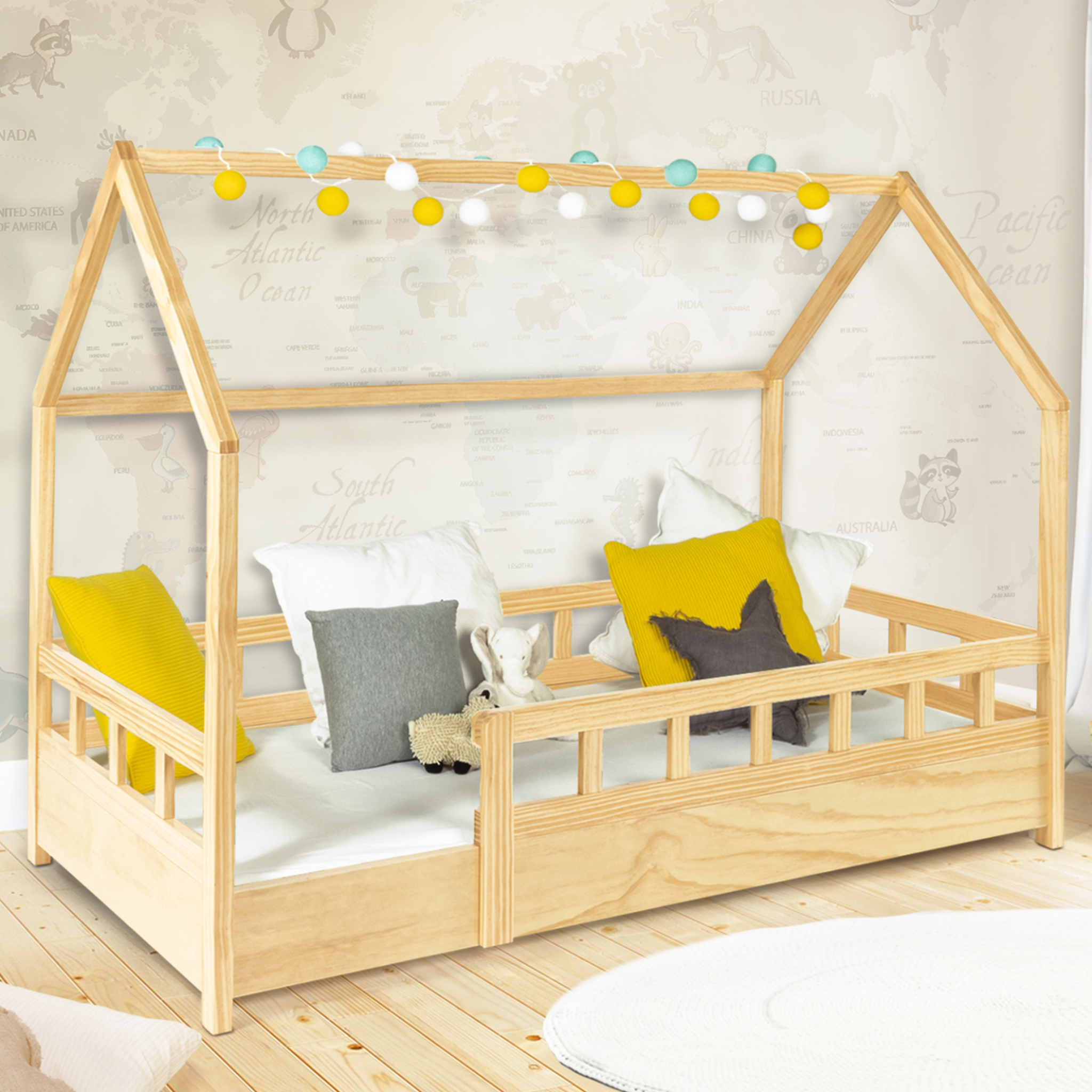 Voir la diapositive 2 : ID MARKET Lit cabane enfant 80 x 160 cm neree bois avec sommier et barrières