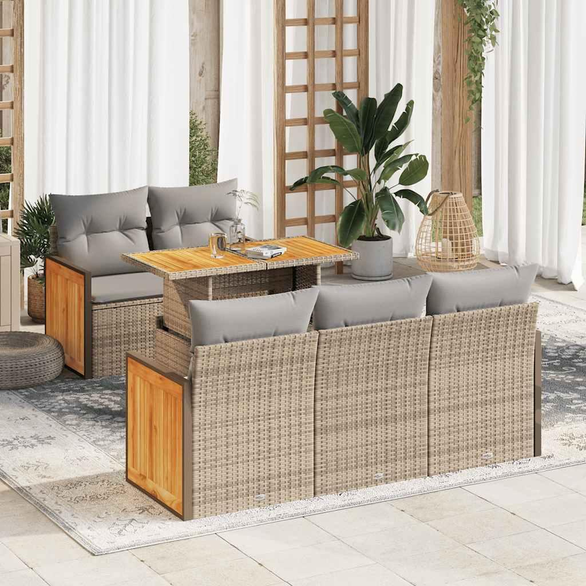 VIDAXL Salon de jardin 6 pcs avec coussins beige resine tressee acacia