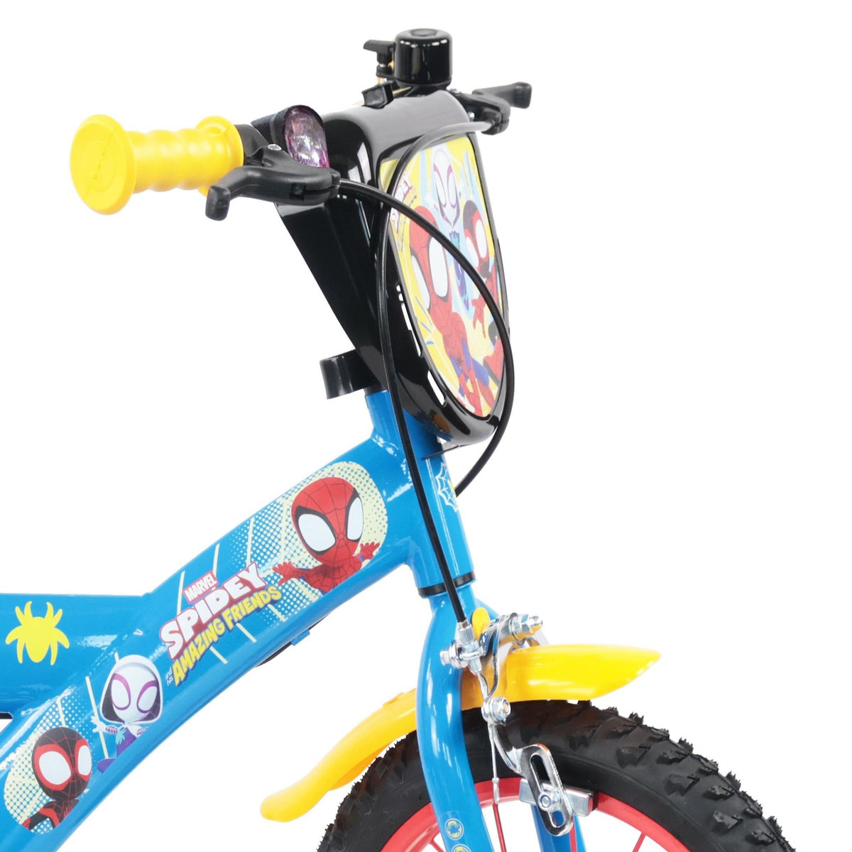Marvel Vélo enfant 14'' SPIDEY (90 à 105cm) avec 2 freins, plaque avant décorative , bidon arrière, stabilisateurs & pneus gonflables.