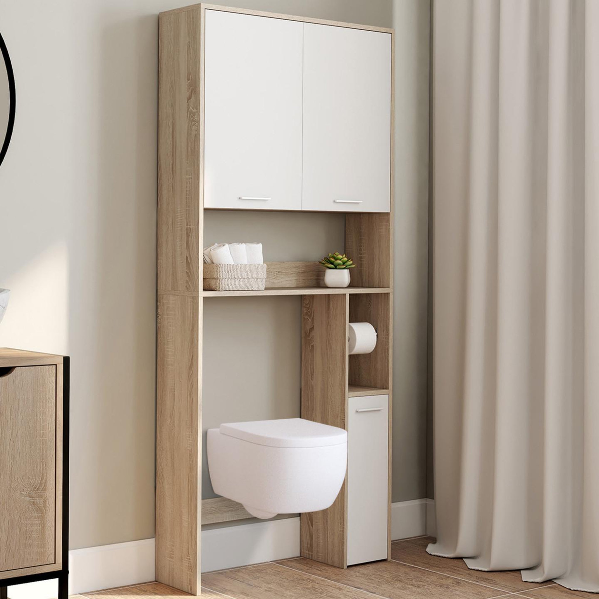 Voir la diapositive 2 : ID MARKET Meuble étagère dessus wc wallis bois façon hêtre et blanc