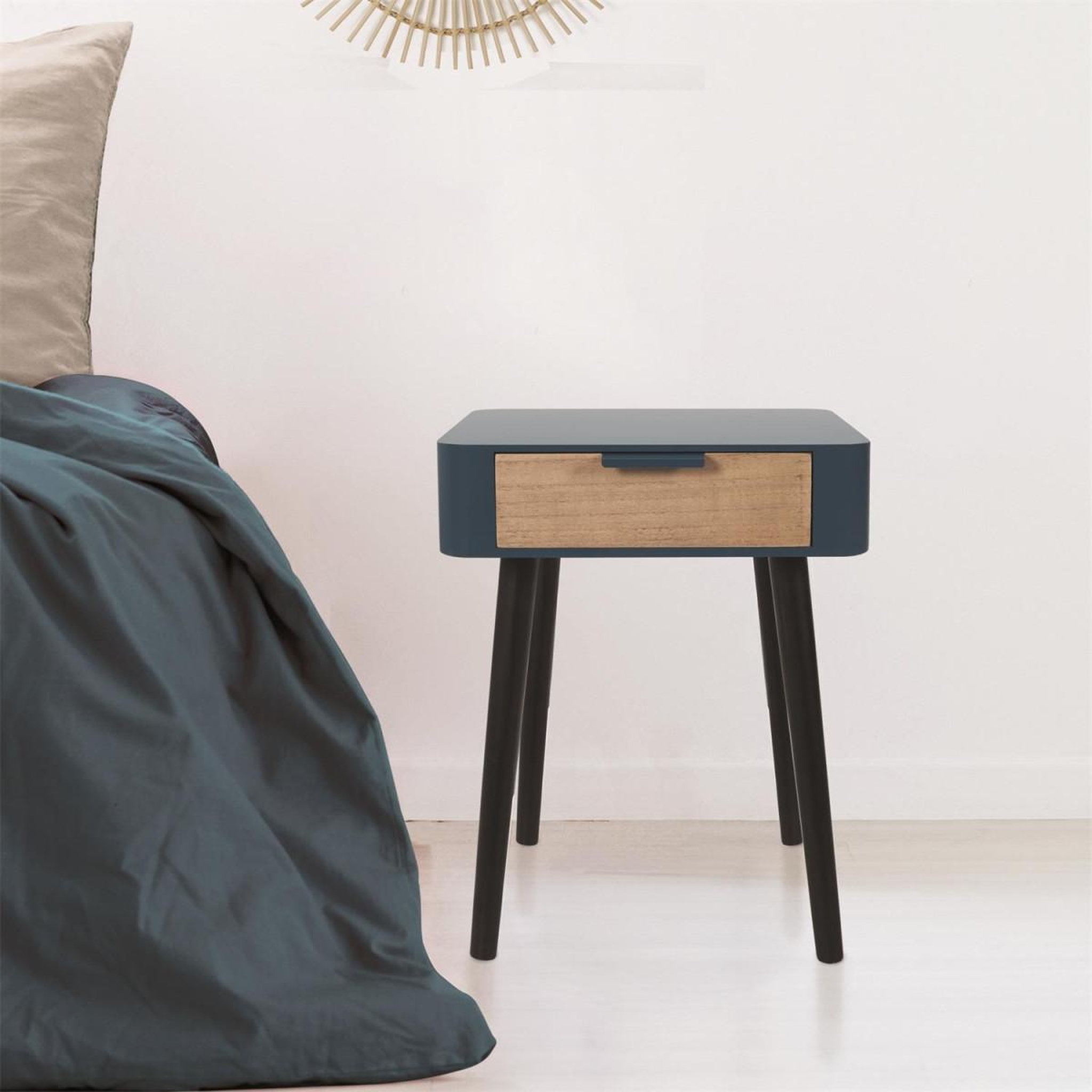 Voir la diapositive 4 : The Home Deco Factory Table de chevet 1 tiroir  bois  48cm bleu canard