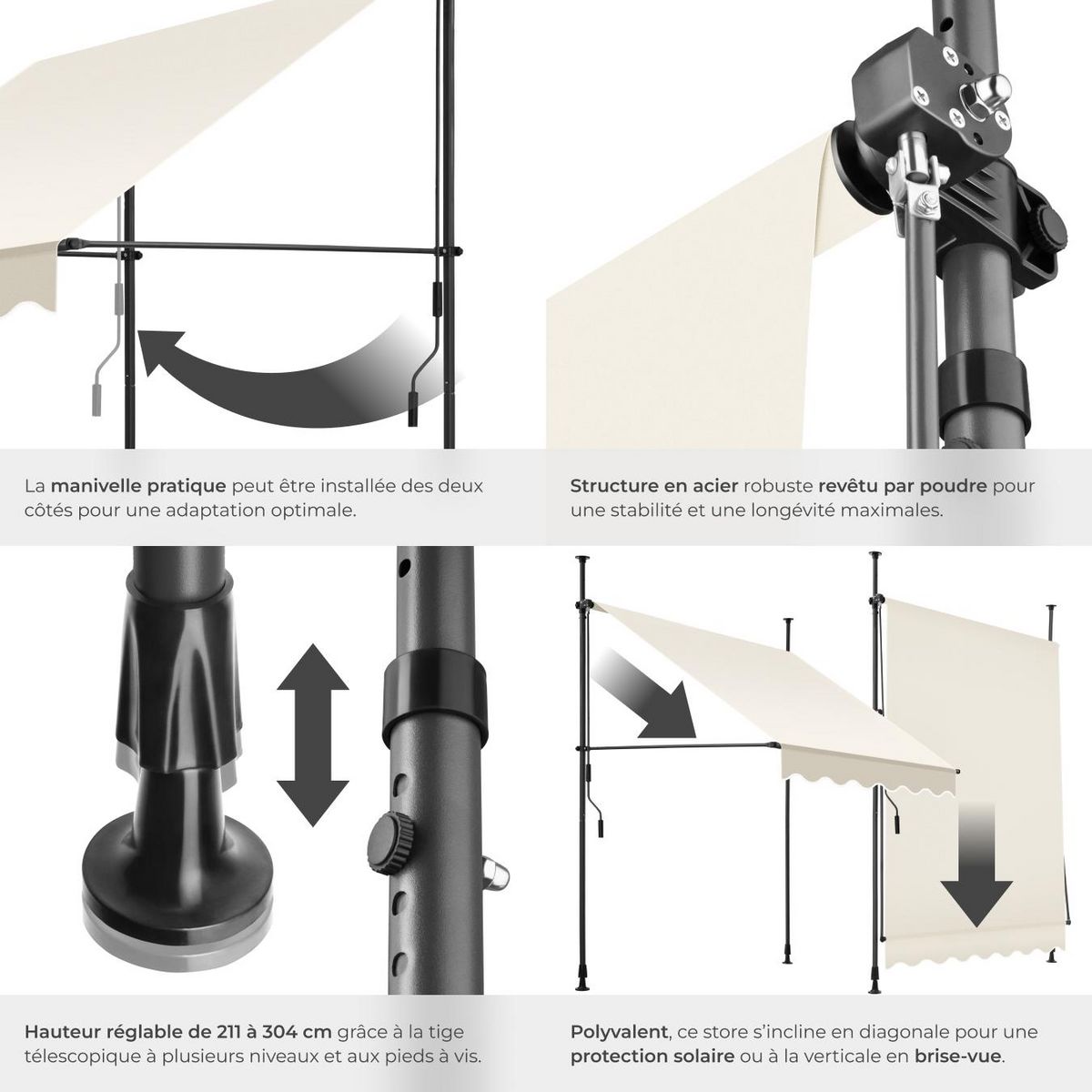 tectake Store à pince sans perçage avec manivelle beige 150 x 180 cm