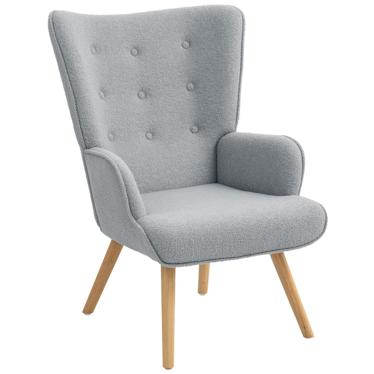 HOMCOM Fauteuil à oreilles style nordique piètement bois effet laine bouclée gris