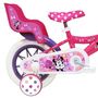 Voir la diapositive 2 : Disney Minnie Vélo enfant 12'' Fille - Modèle Minnie pour enfant de taille 85 à 100 cm avec stabilisateurs - 1 frein - Panier avant - Porte poupée arrière et roues bâtons