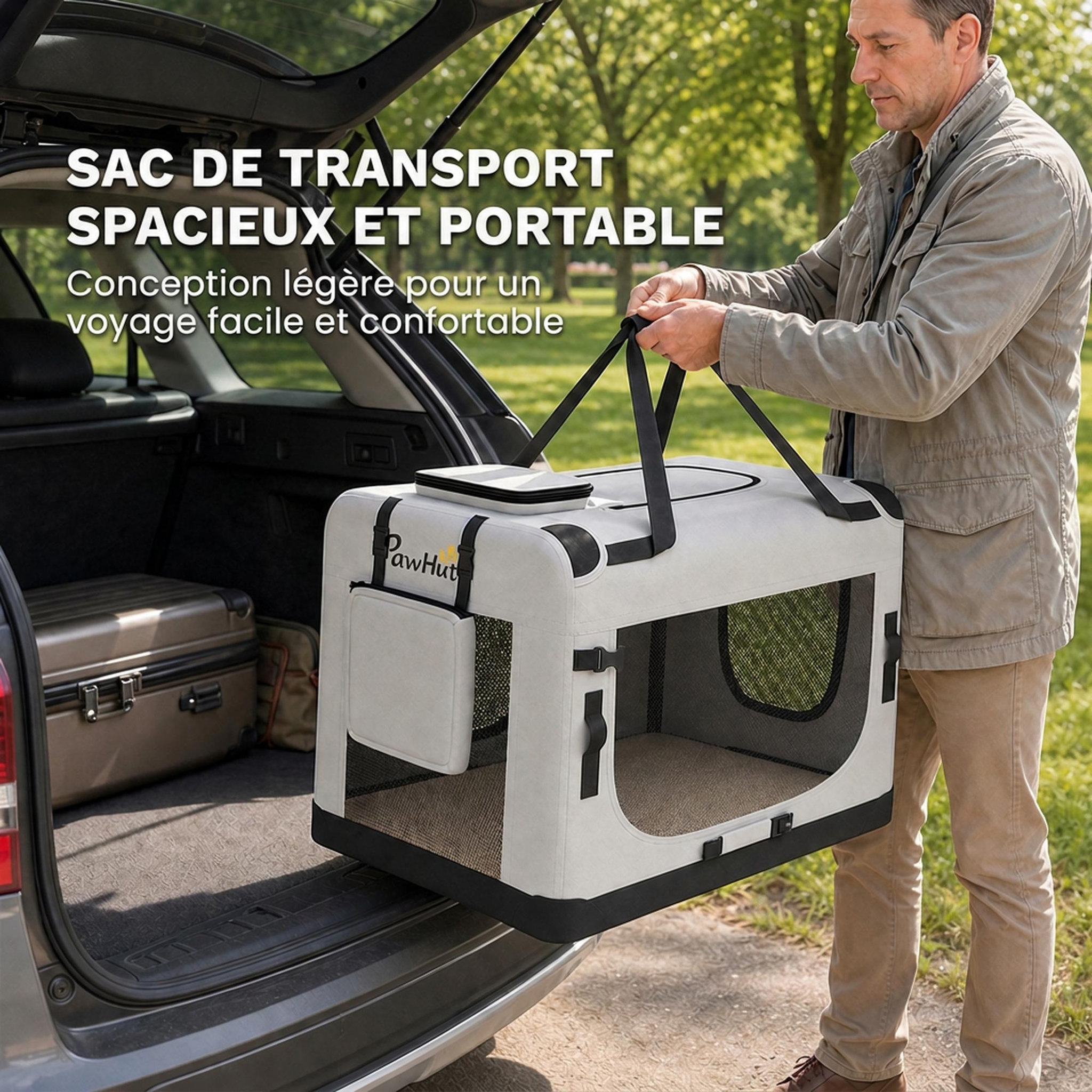 Voir la diapositive 4 : PAWHUT Sac de transport chien chat pliable poignée entrée zippée fenêtres maillées accessoires