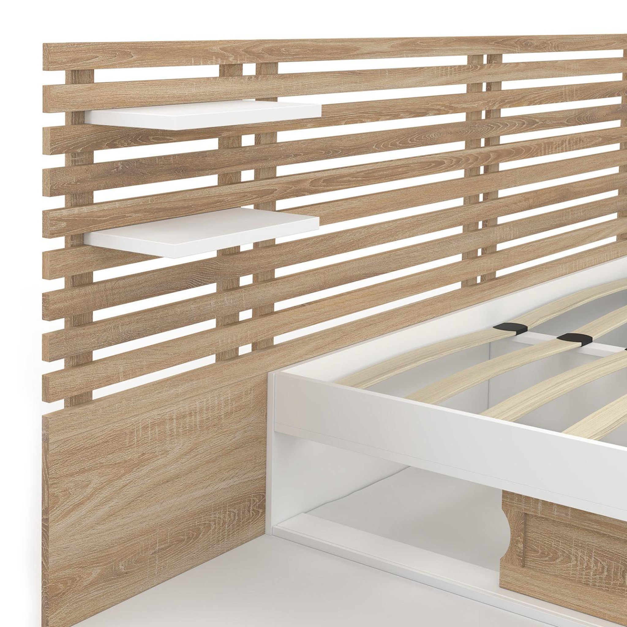 Voir la diapositive 6 : ID MARKET Lit double savana avec tête de lit, chevets, rangements et sommier 140 x 190 cm hêtre et blanc