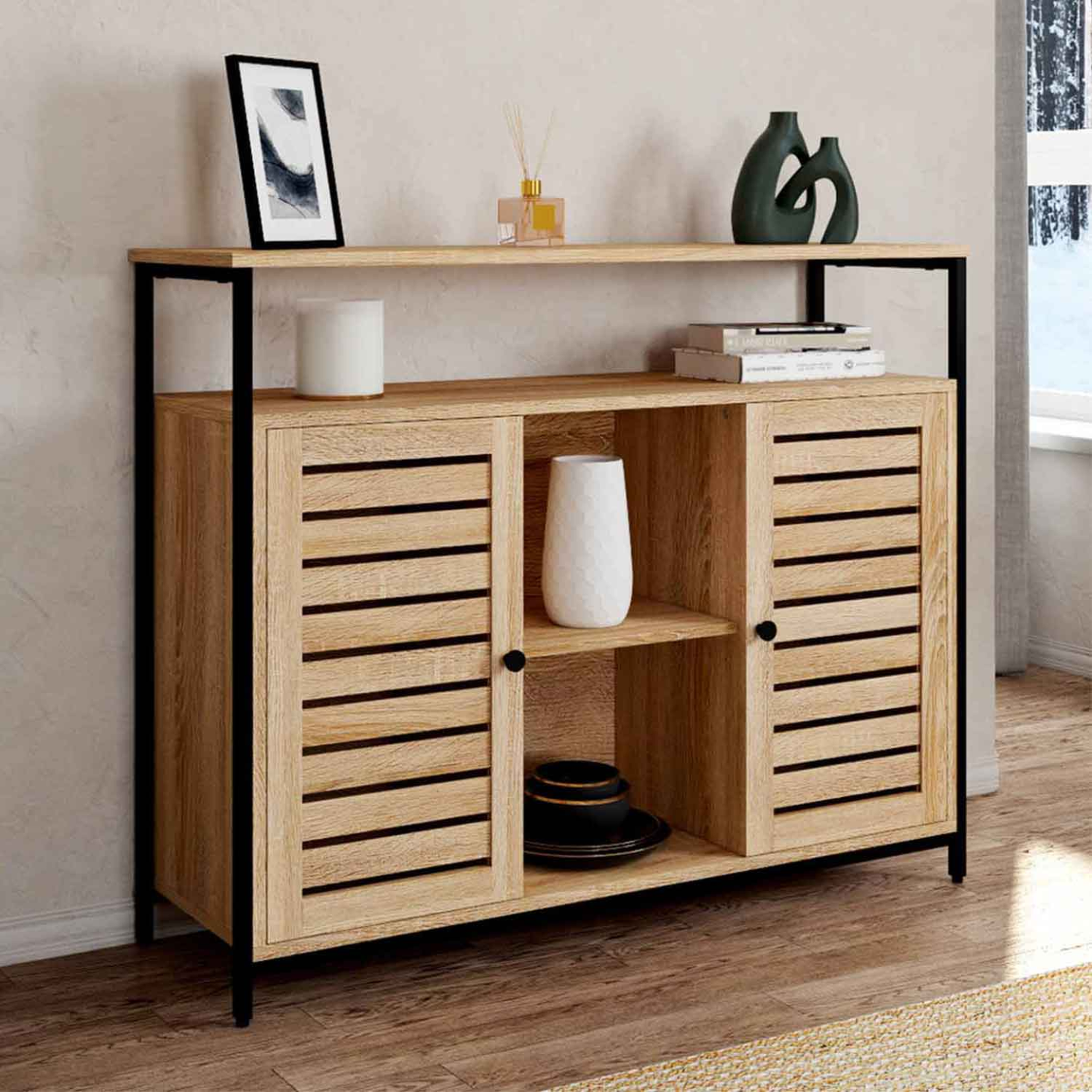 Voir la diapositive 2 : ID MARKET Buffet 2 portes persiennes 100 cm halifax design industriel